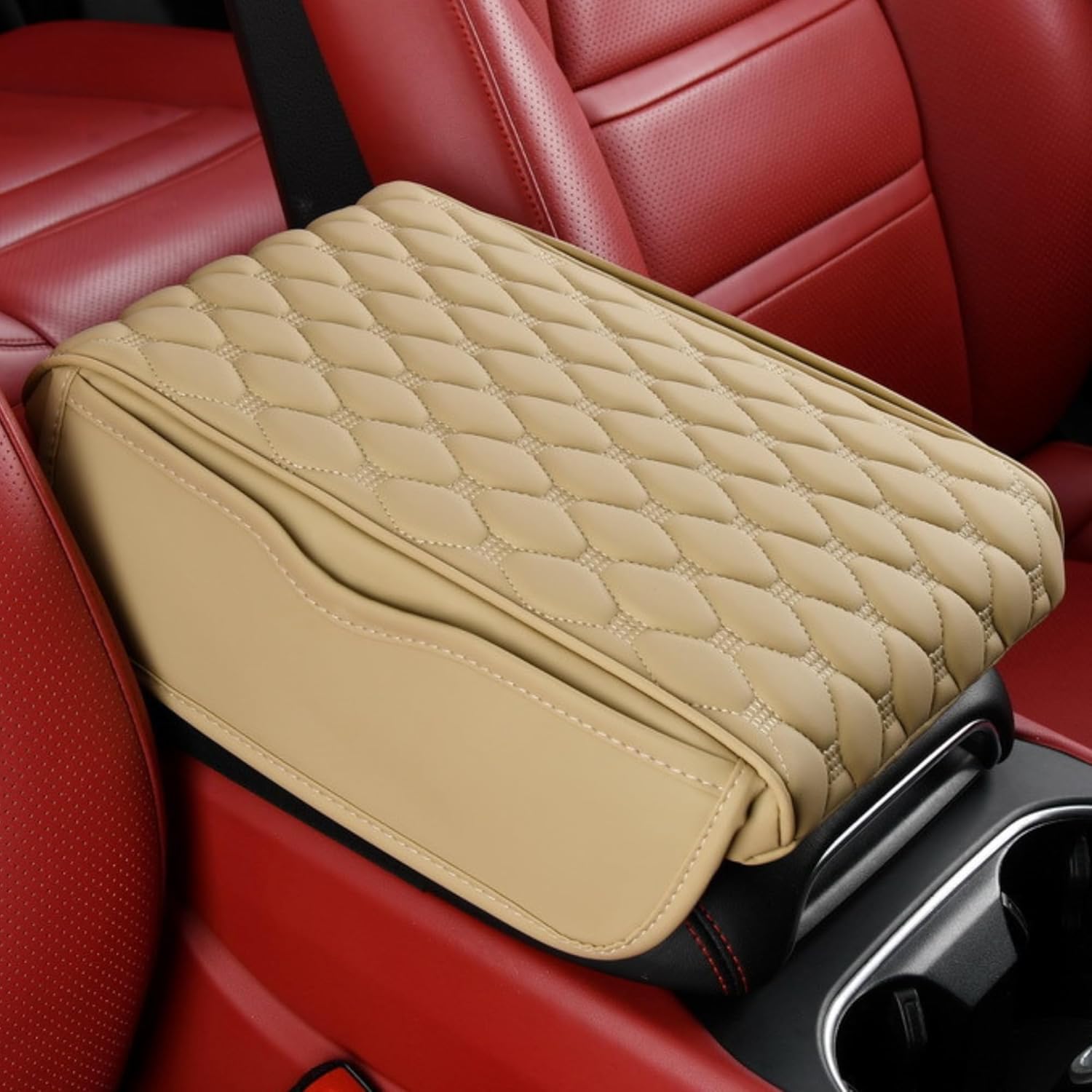 Car Armrest Cushion Pad Auto Center Console Cover with Storage Bag Memory Foam Arm Rest Console Pad Leather Universal Fit for Most Vehicles (Thick Pad, Beige) Beige Thick Pad