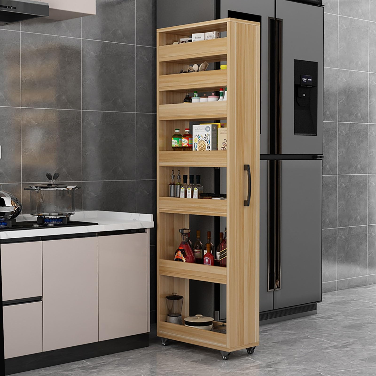 Scaffale da cucina a 7 ripiani in legno a doppia faccia su ruote, sottile, portatile, organizer per piccoli spazi, finitura noce chiaro, ideale per cucina e dispensa