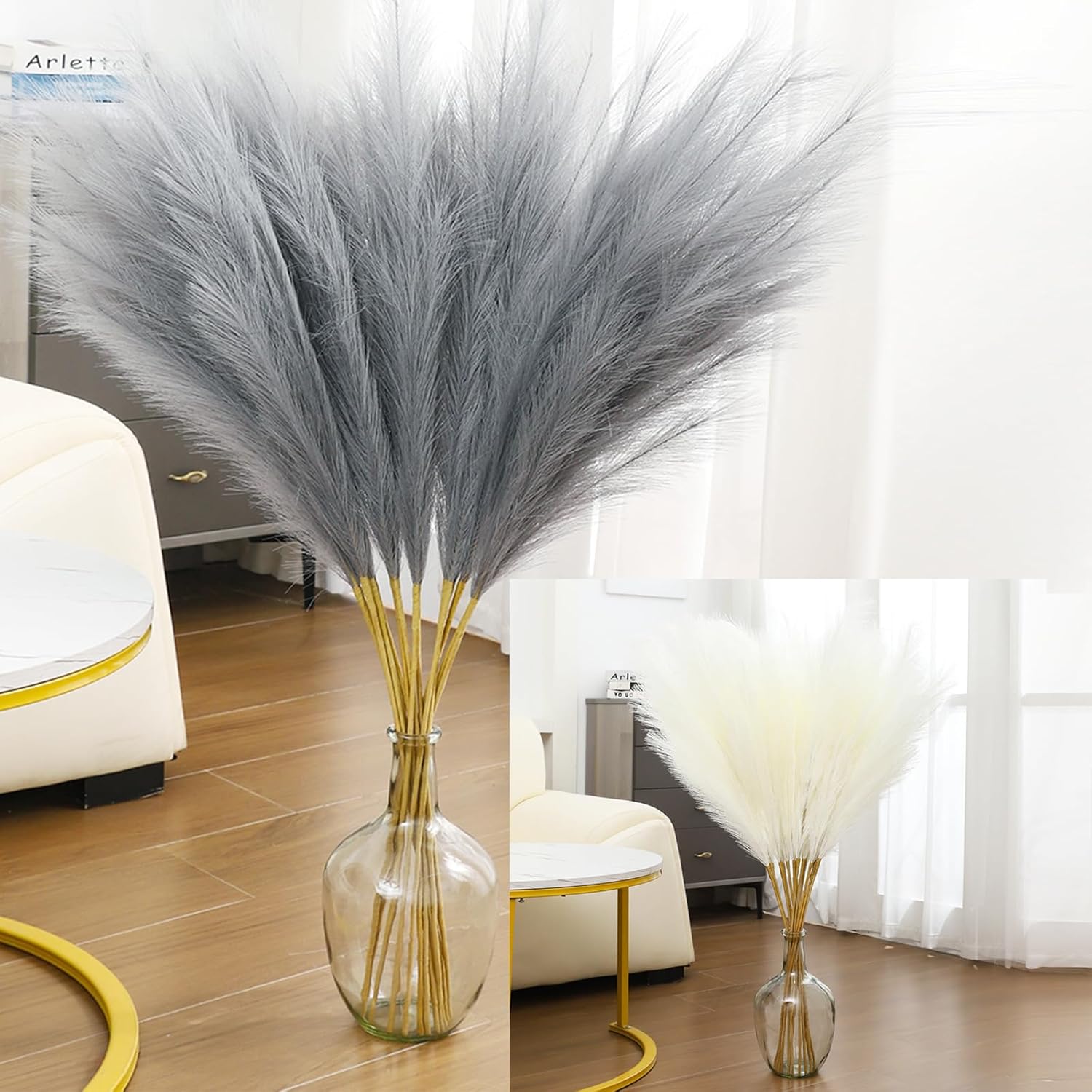 43" Faux Pampas Grass Decor Grey & White - Artificial Pampas Grass Small Pampas Grass Fluffy Pompas Floral Arrangement