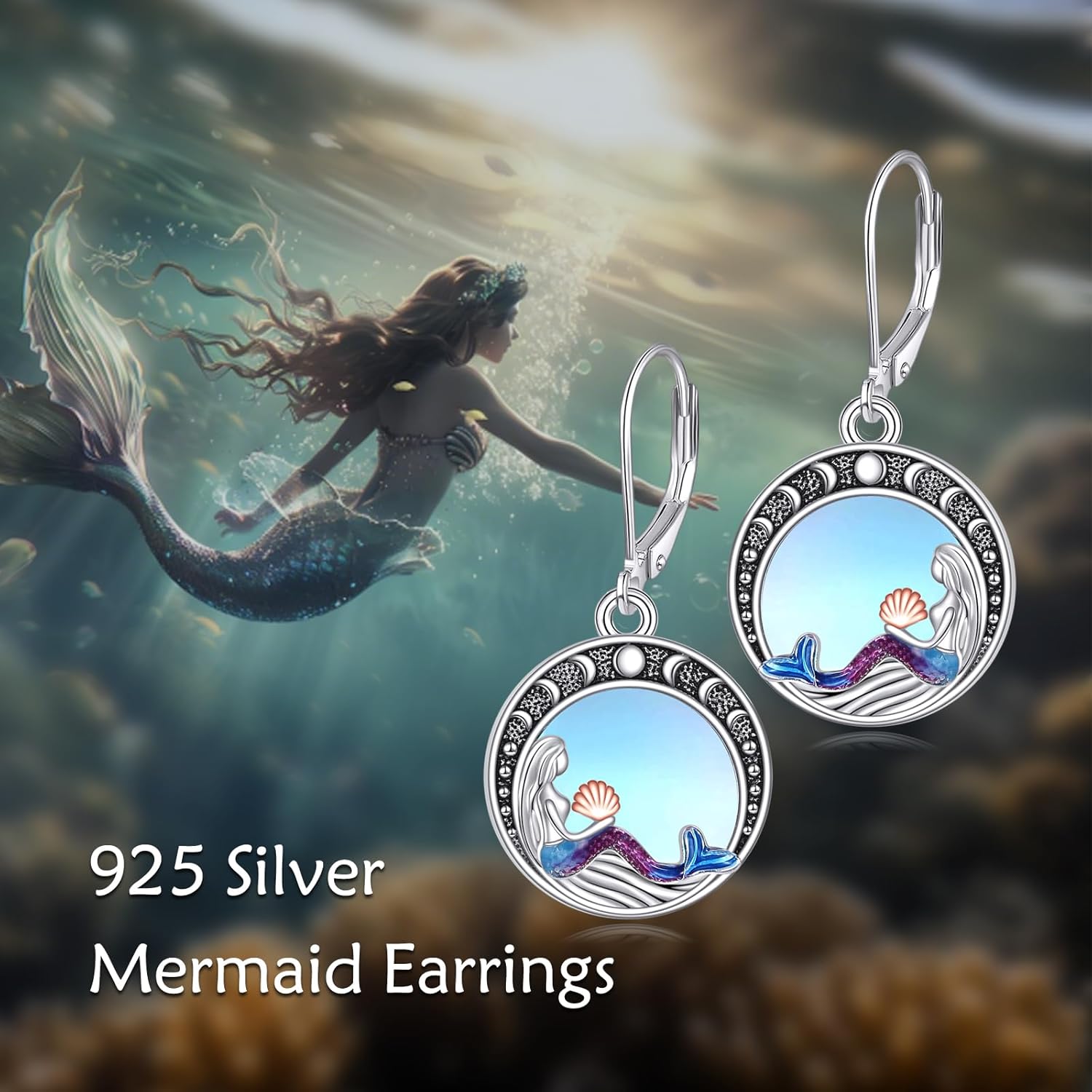 Mermaid Earrings 925 Sterling Silver Moonstone Dangle Earrings Mermaid Ocean Jewelry for Women - Image 6