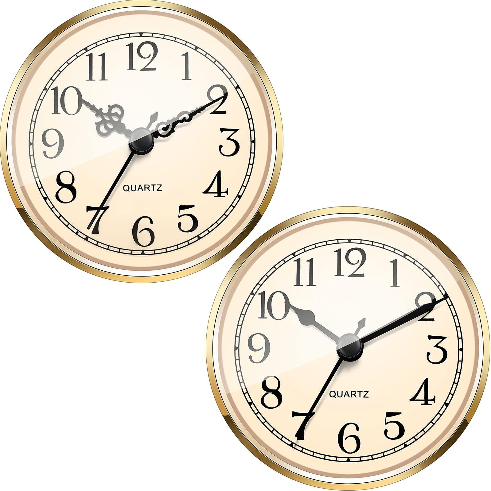Outus 2 Pack 3-1/2 Inch (90 mm) Quartz Movement Clock Fit-up/Insert with Gold Trim and Arabic Numeral, Gold Face