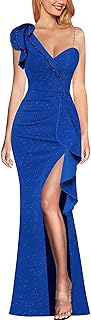 Womens Formal Prom Elegant Ruffle One Shoulder Beaded Strap Ruched Slit Maxi Dress Wedding Evening Long Gown