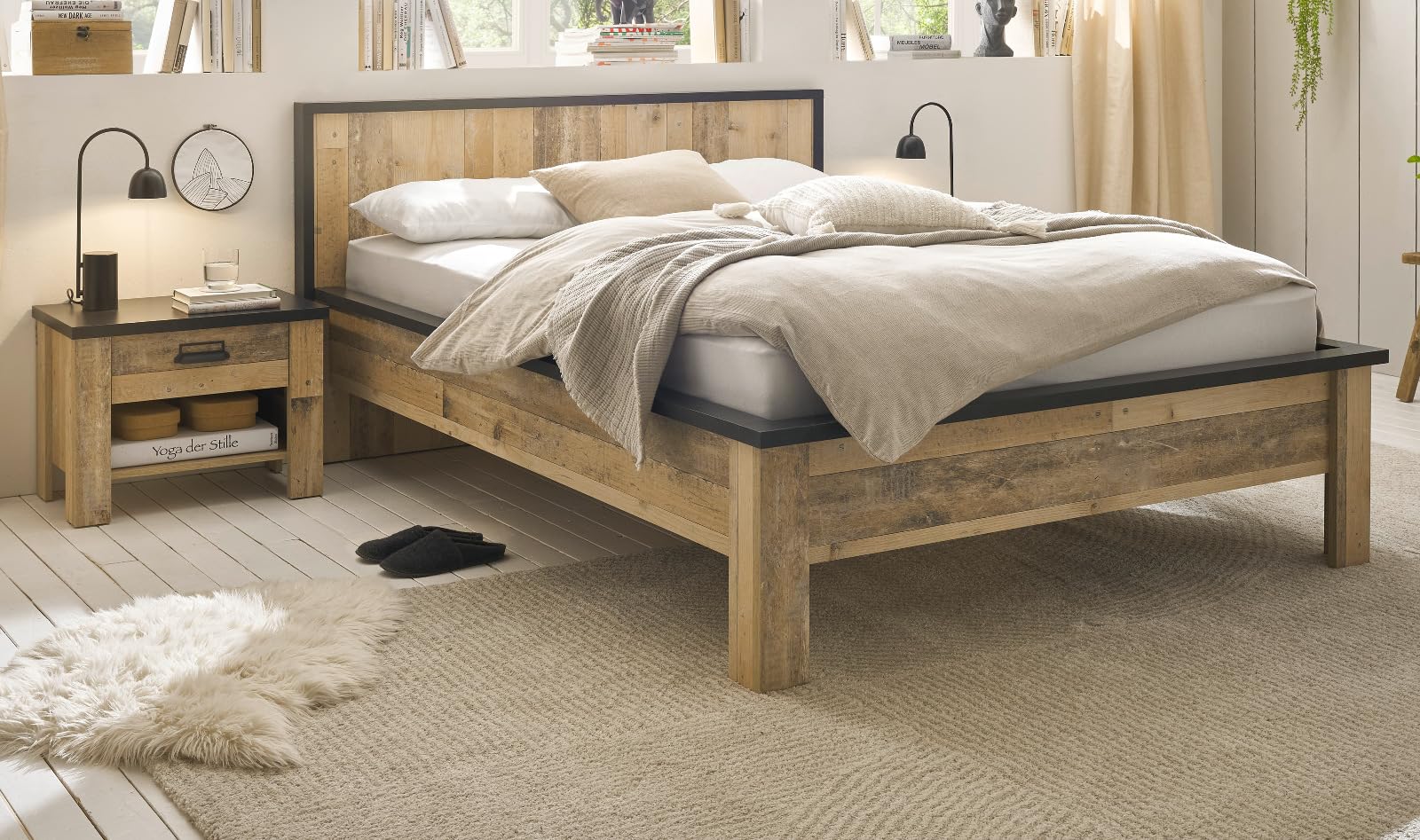 Schlafzimmer Set in Used Wood hell Holz und grau/anthrazit mit Einzelbett Liegefläche 140 x 200 cm und 2X Nachttisch Schlafzimmermöbel Kombination 2-teilig Stove (Set 2)
