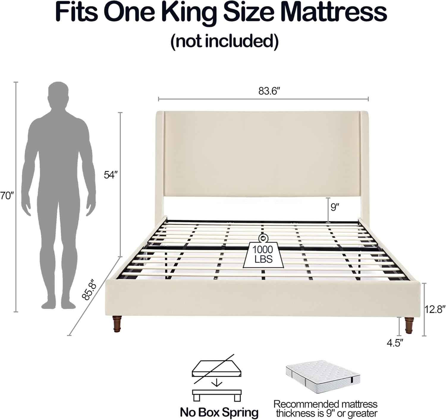 King Size Boucle Wingback Bed Frame with 54" Tall Headboard - Ivory Wingback Upholstered Platform Bed Elegant Simplicity Bedroom Furniture Strong Mattress Wood Slats Support No Box Spring Needed