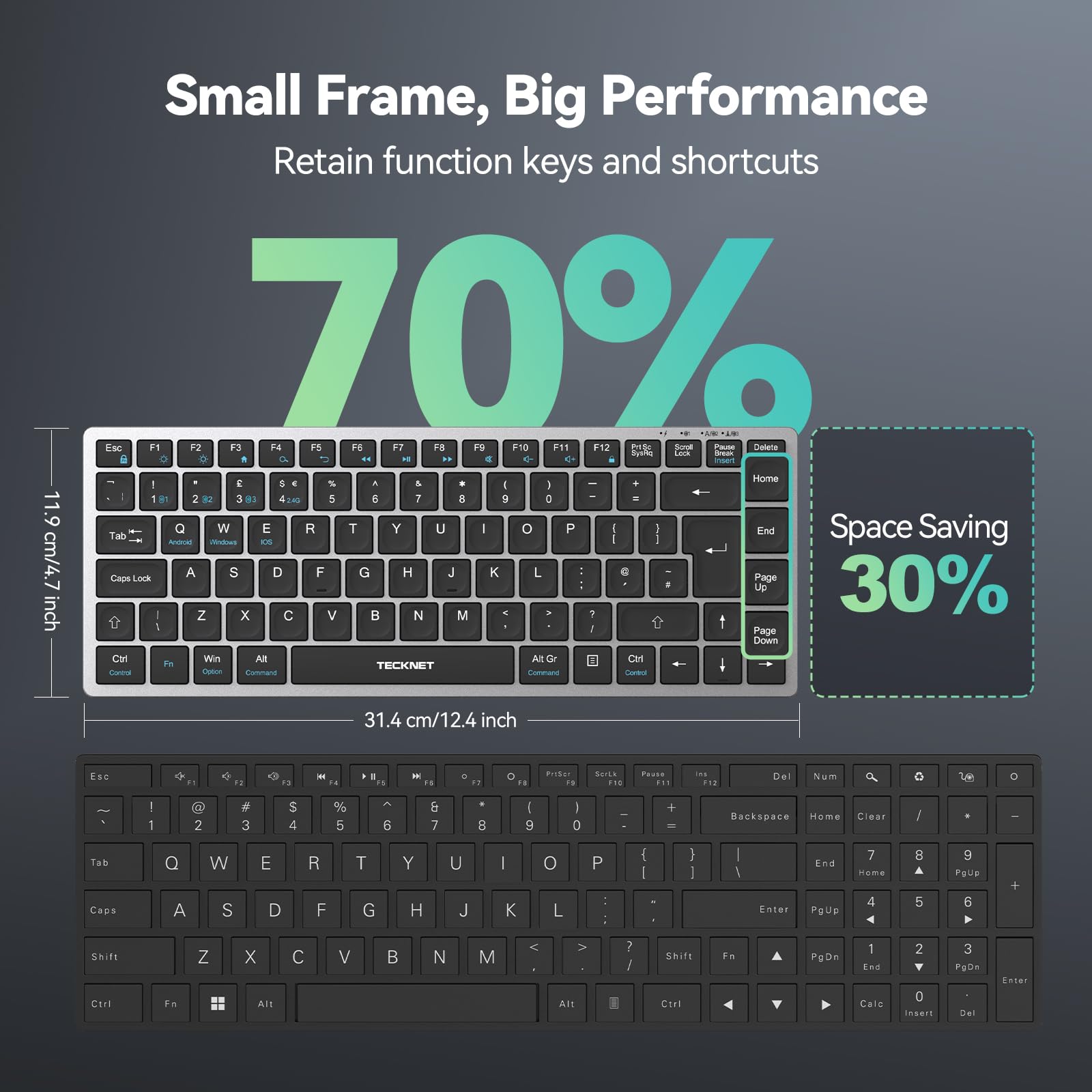 TECKNET 2.4G Wireless Keyboard, Rechargeable Bluetooth Keyboard for 4 Multi Devices, QWERTY UK Layout Compact Mini keypad, Small Silent Keys for Laptop, Phone, Smart TV, Computer, Tablet - Silver — view 5