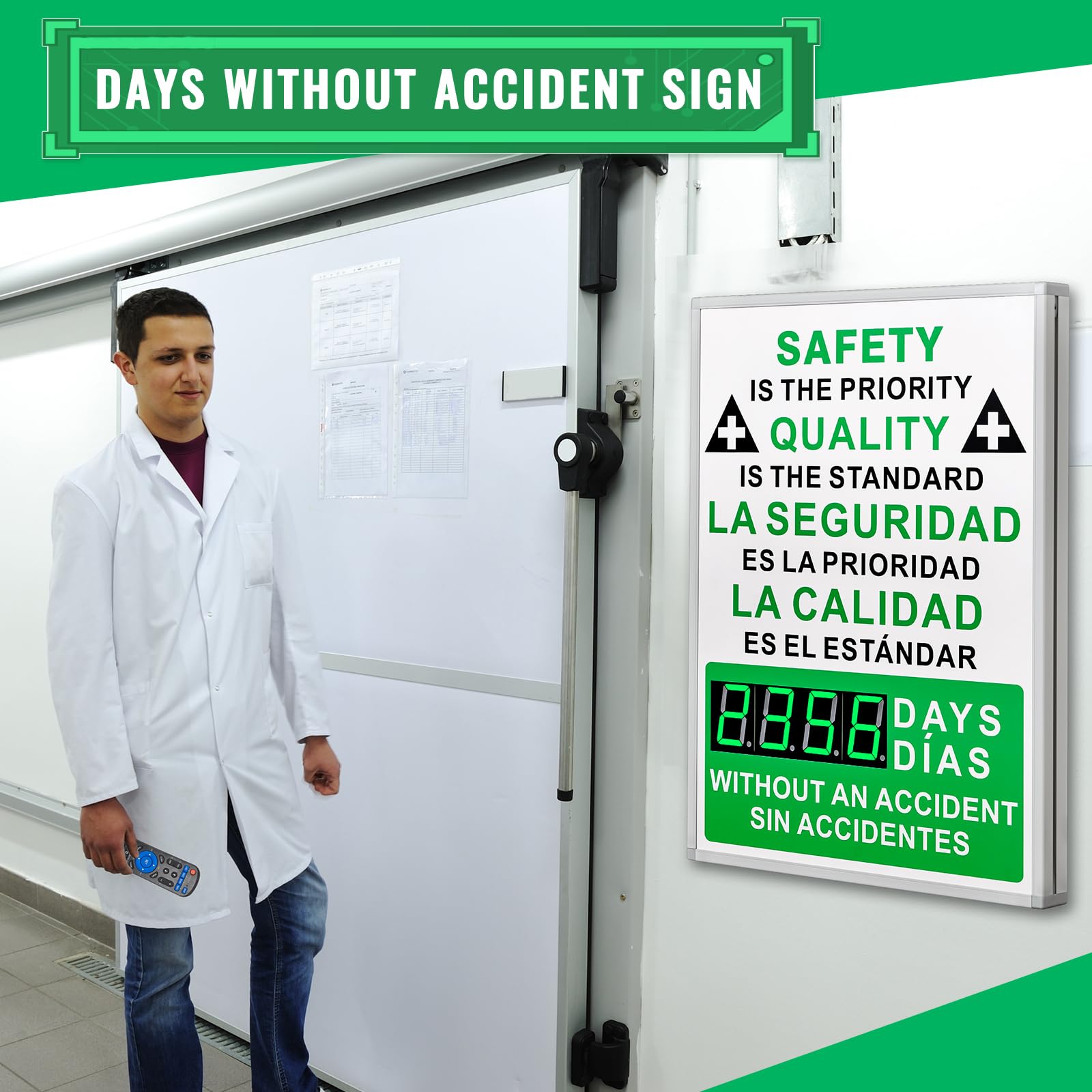 Days Safety Is The Priority Without Accident - Marcador electrónico de seguridad de 28 x 20 pulgadas con control remoto, marcador seguro con texto en inglés «Days Without a Lost Time Accident Are
