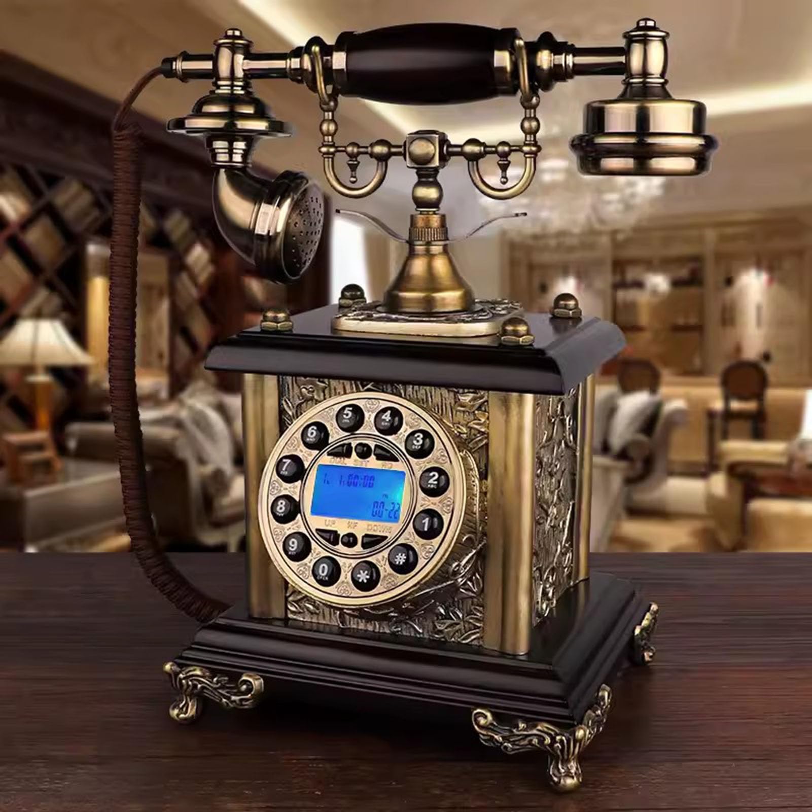 Telefon z przyciskiem Retro Drewniany telefon przewodowy Telefon stacjonarny Vintage Telefon stacjonarny Dekoracja domu/biura