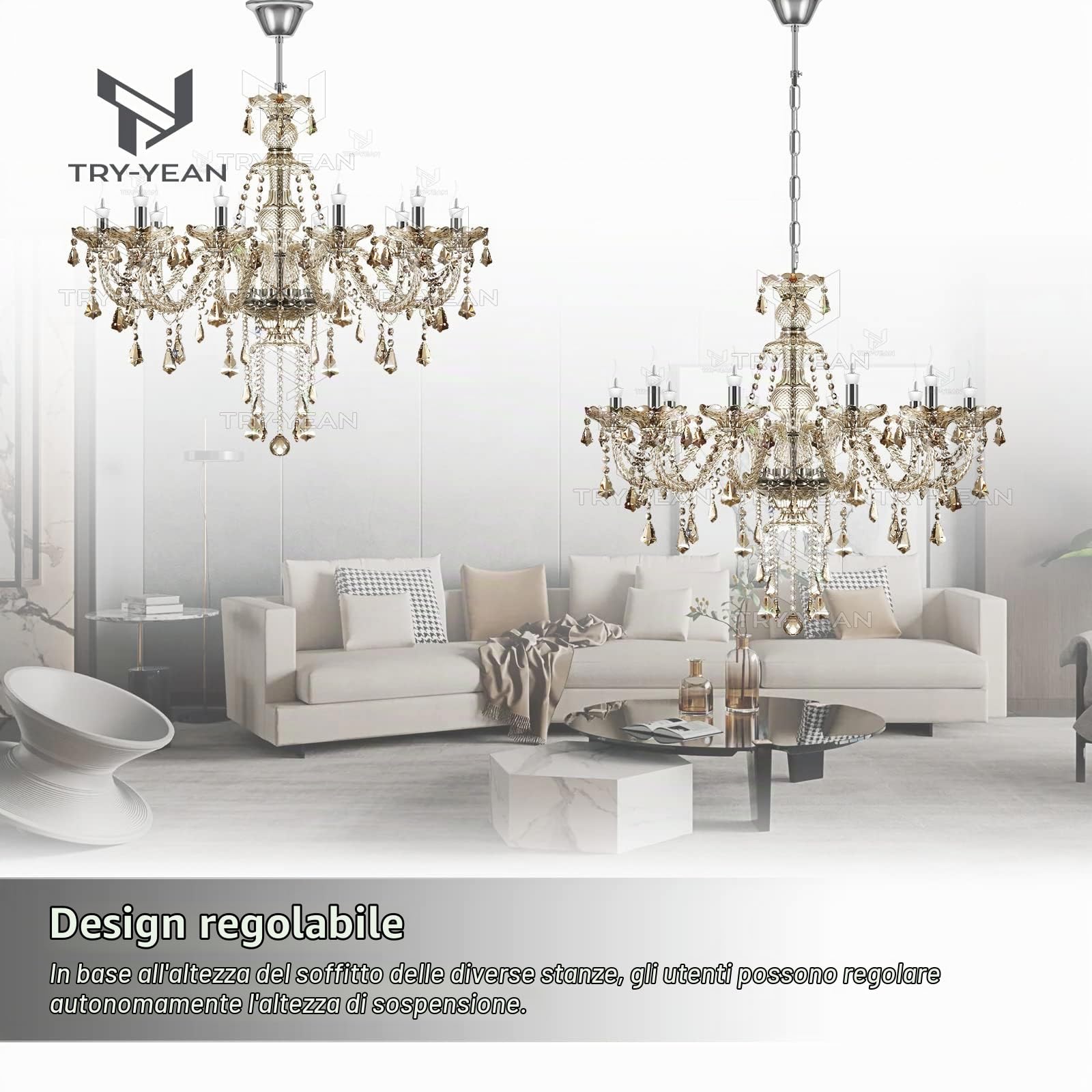 Lampadario Moderno Cucina a 10 Braccia Lampadario Cognac Cristallo Sospensione Classico K9 Cristalli Gocce con Catena Regolabile per Camera da Letto Soggiorno Sala da Pranzo Ristorante E14