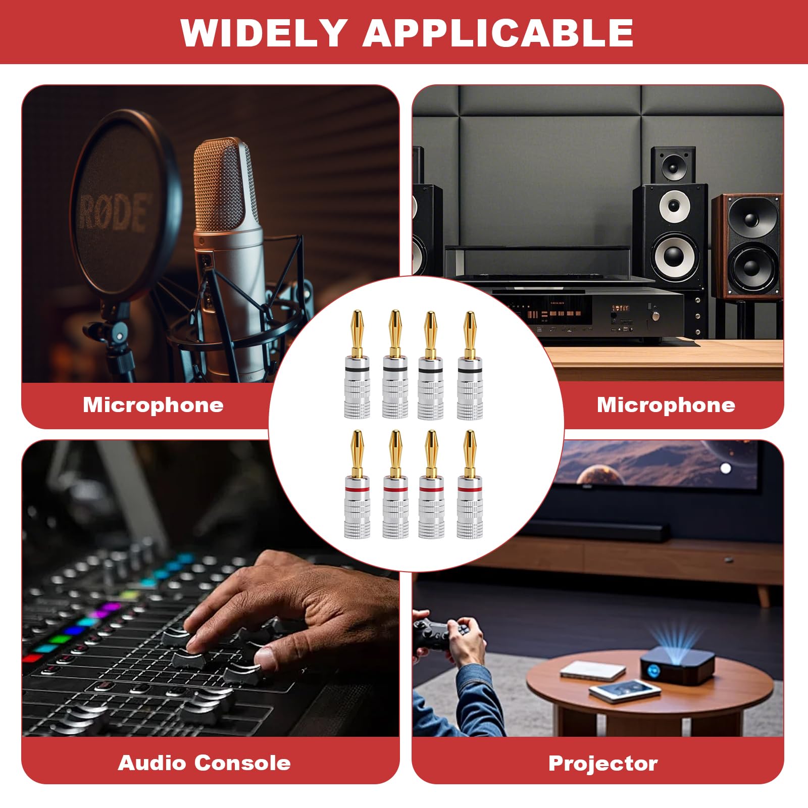 HENGBIRD 8 sztuk wtyków bananowych, 4 mm, pozłacane wtyczki głośnikowe z miedzi, z obudową aluminiową, do kabla głośnikowego, mikrofonu, projektora i miksera