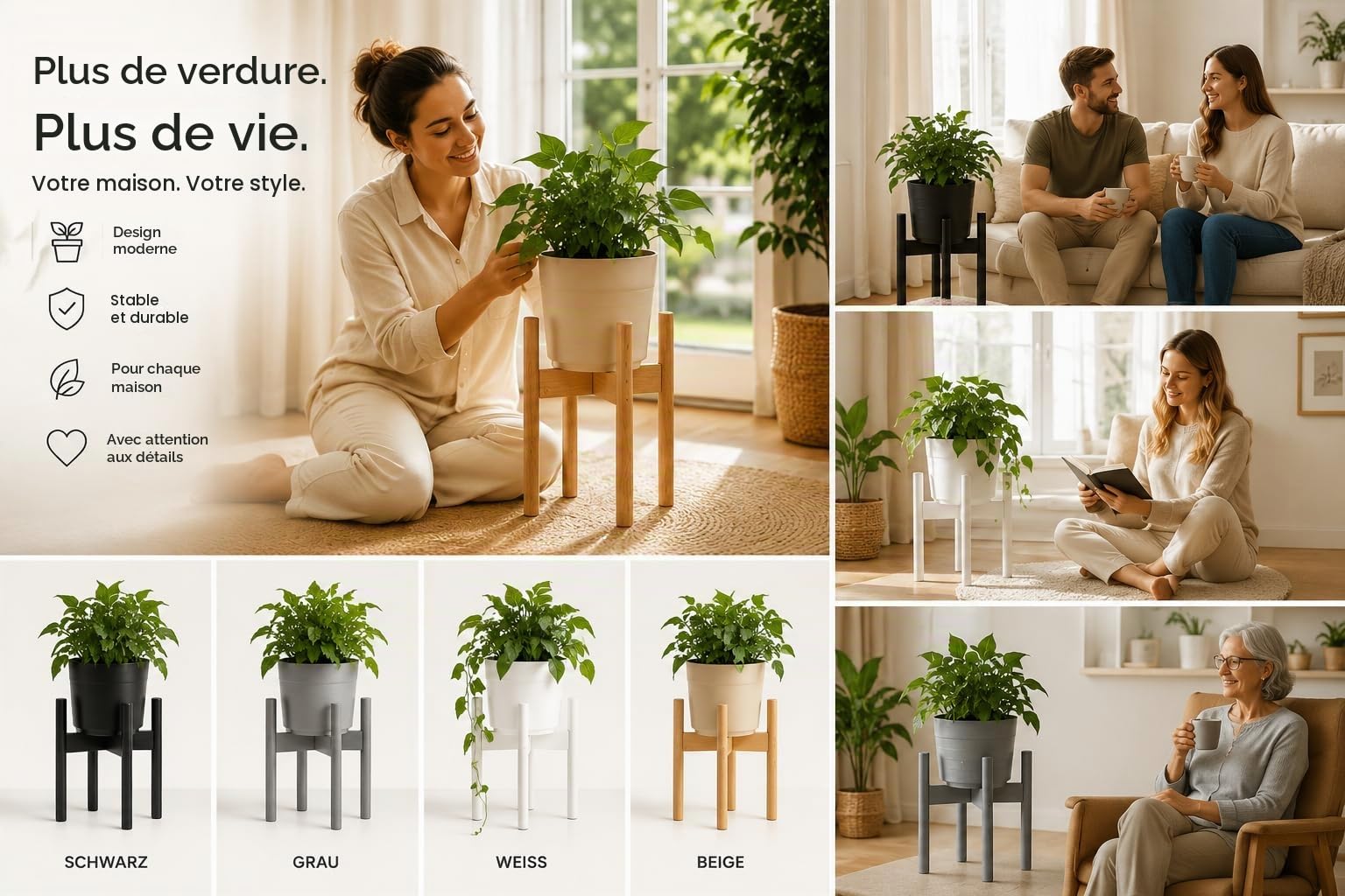 Rubberneck Lot de 2 Supports de Plantes en Bambou - Supports pour Pots de Fleurs Réglables en Bambou - pour l'Intérieur et l'Extérieur - Noir