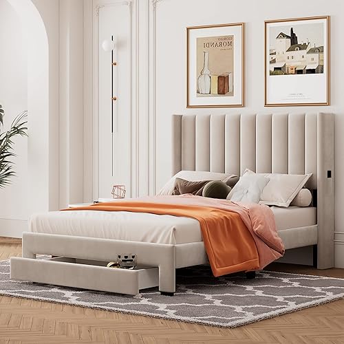 Miniatura 47 de Cama de plataforma de tamaño Queen con cajones para dormitorio, marco de cama tapizado de terciopelo para niños, niñas, adolescentes y adultos, no