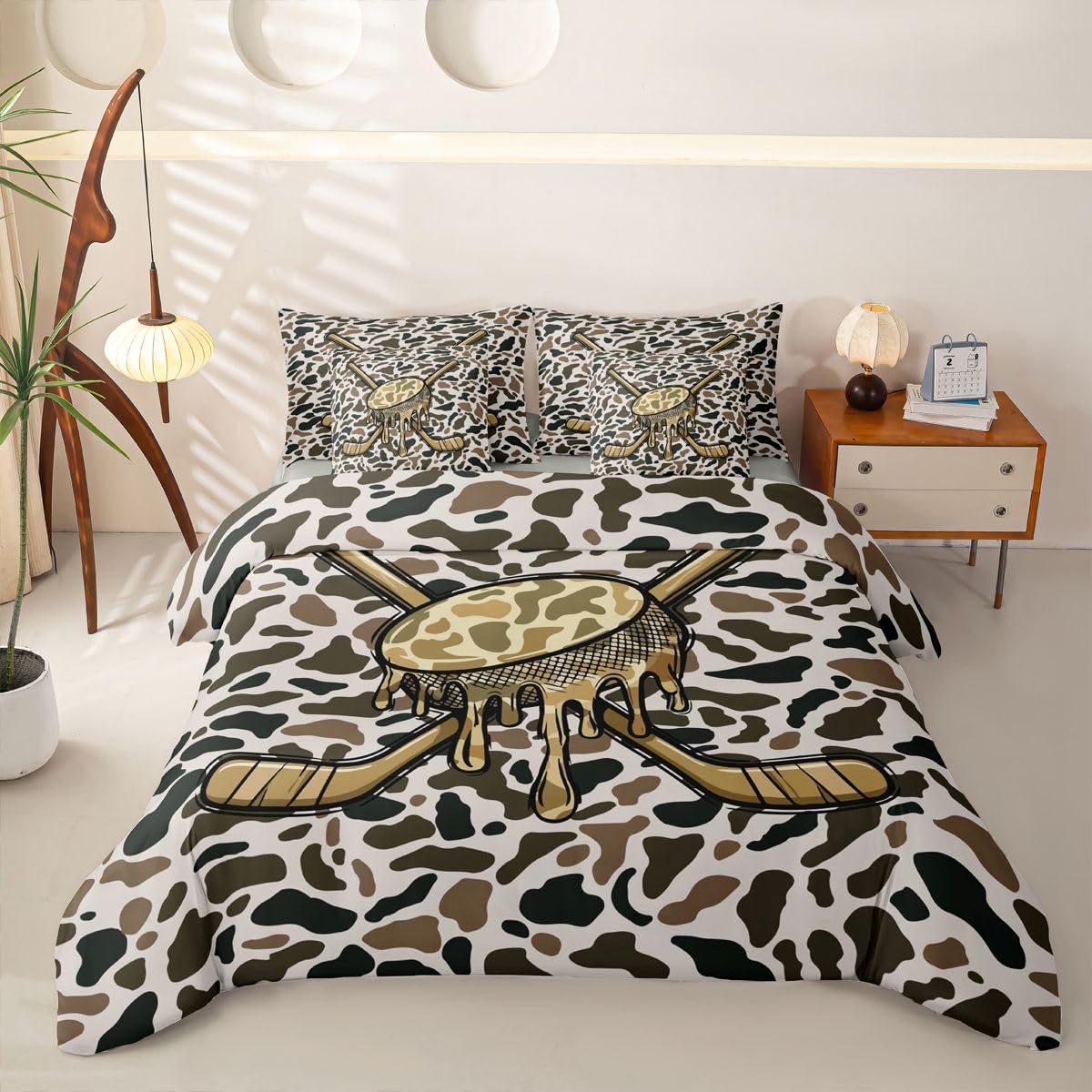 Camo Ice Hockey Bettwäsche 200x200 7teilig für Kinder Jungen Mädchen Camo EIS Tropfen Bettwäsche-Set 1 Bettbezug,1 Spannbettlaken,1 Bettlaken,2 Kissenbezüge,2 Dekokissenbezüge