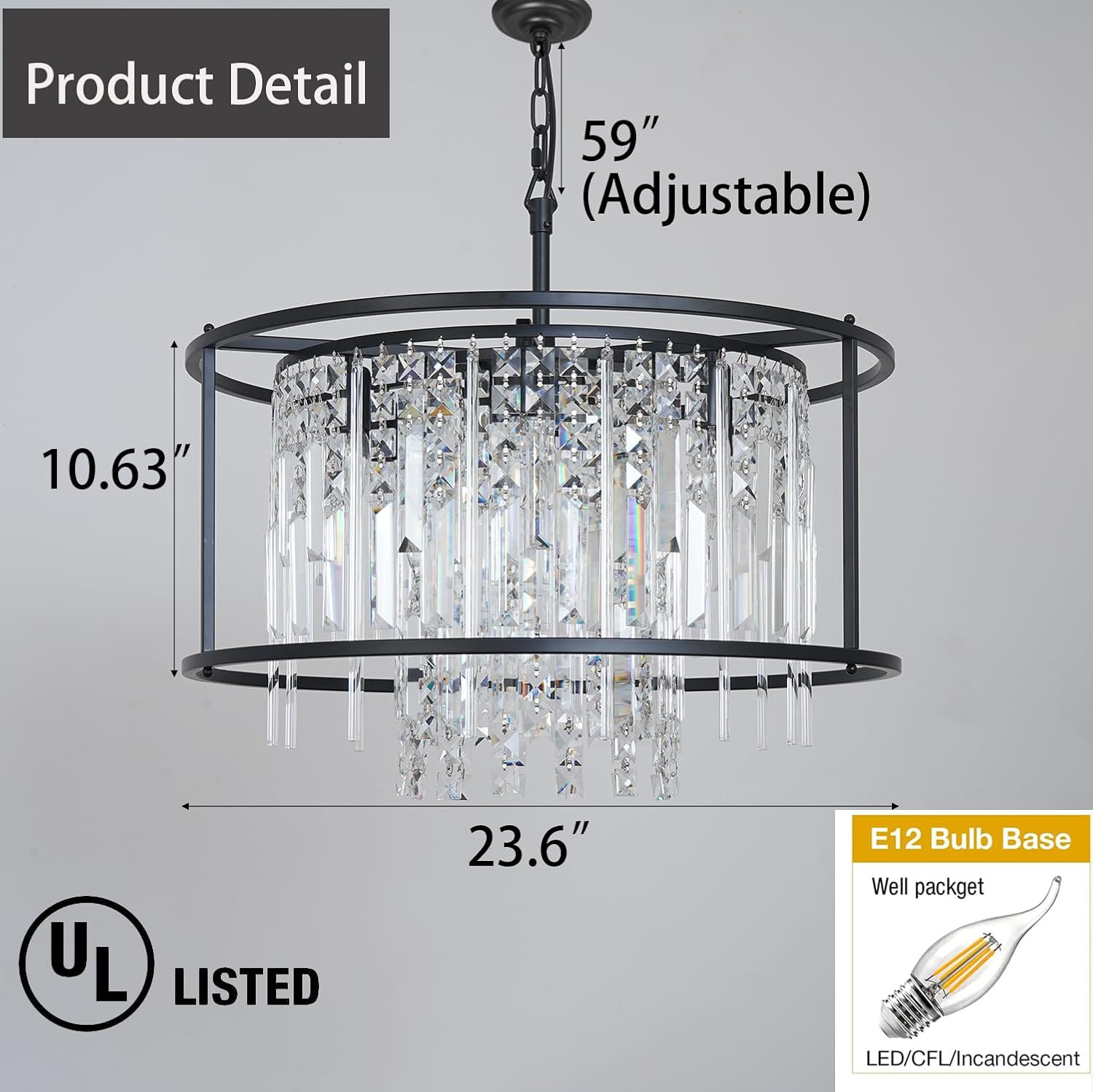 Modern Black Chandeliers 23.6" Dining Room Light Fixture Industrial Farmhouse Chandelier for Kitchen Island Entryway Bedroom