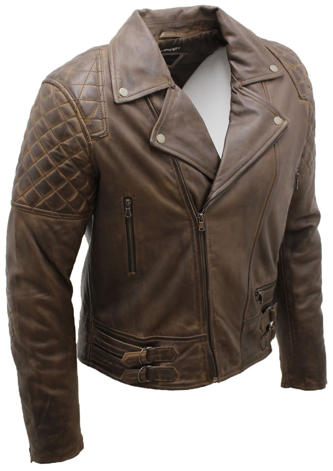 Chaqueta Motera de Cuero Marrón Broncearse Claro Oliva de los Hombres