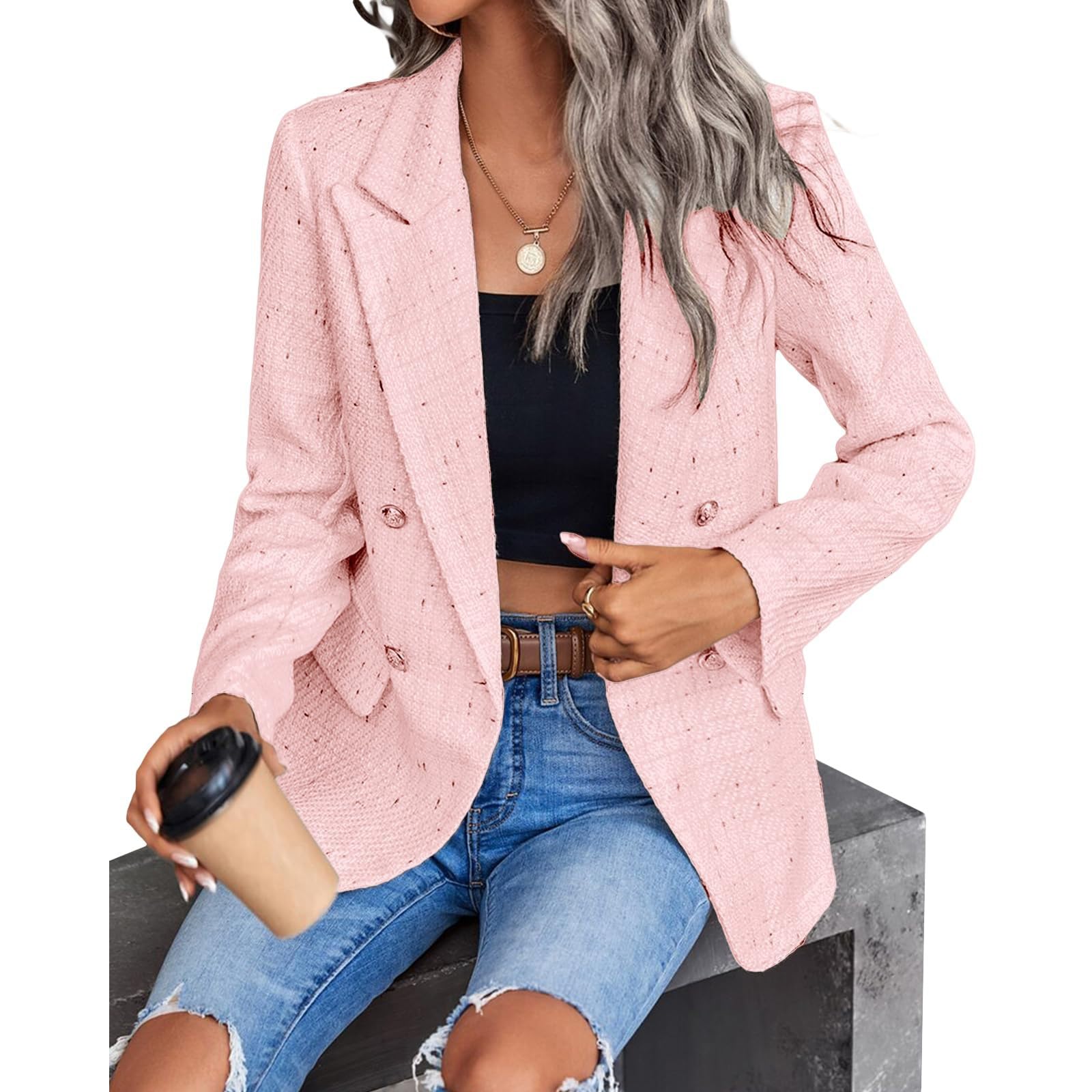 Blazer Elegante Donna, Giacca Elegante Casual Elegante con Cardigan Allentato Colletto Dentellato Giacca Senza Bottoni con Tasche Giacca da Abito Business Casuale Cardigan