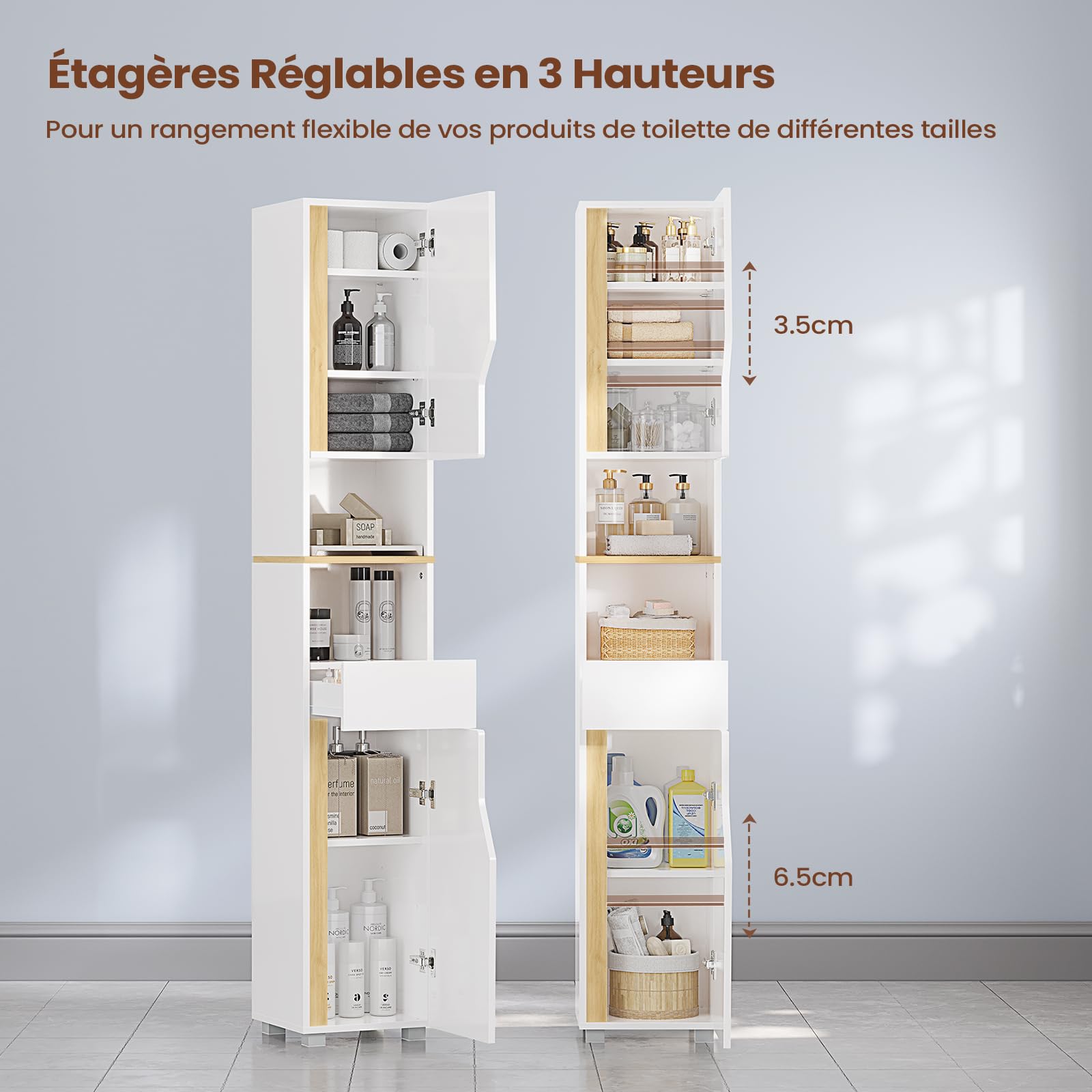 Meuble Colonne Salle de Bain, Meuble de Rangement avec Étagères Réglables, Tiroir, 2 Étagères Ouvertes, Armoire Rangement Haute Gain de Place,Armoire de Salle de Bain, 30 x 30 x 180 cm, Blanc