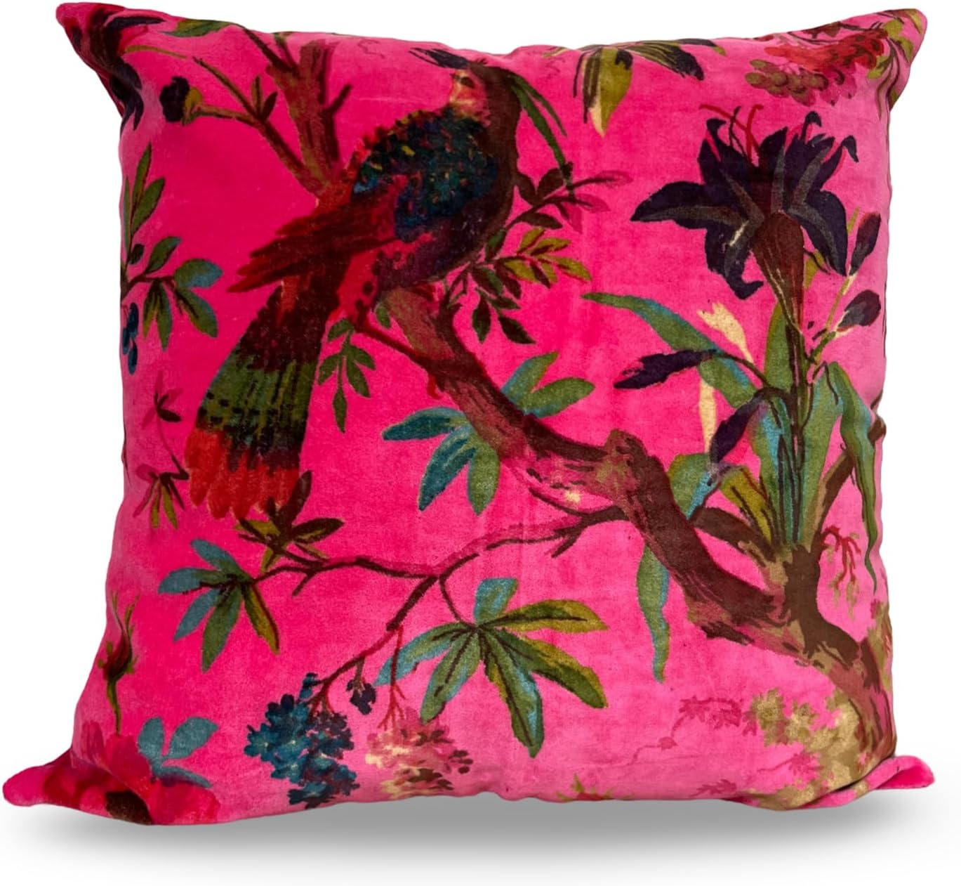 Velvet Floral Bird Print Throw Pillow Sofa Cushion Cover Case | Couch Bohemian Accent | Colorful Boho Chic Indian Handmade Cover Only (Pink, 20" X 20")