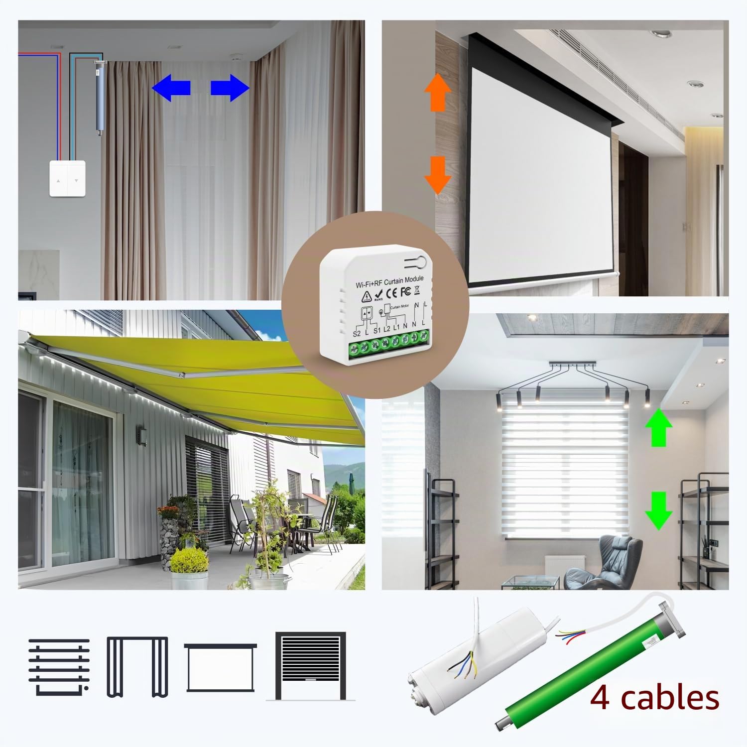 Interruptor Persianas WiFi RF433 Interruptor inalámbrico móvil, Relé de persianas temporizador inteligente para cortina eléctrica Compatible con Alexa Voice Google Home tuya APP Control, 500W