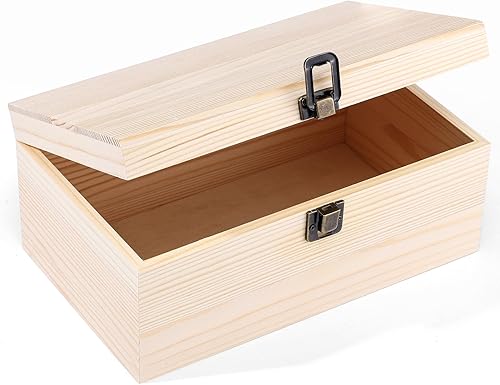 WSICSE Caja de madera sin pintar con tapa con bisagras, grande de 9.2 x 5.5 x 3.9 pulgadas para manualidades, almacenamiento de joyas, caja de