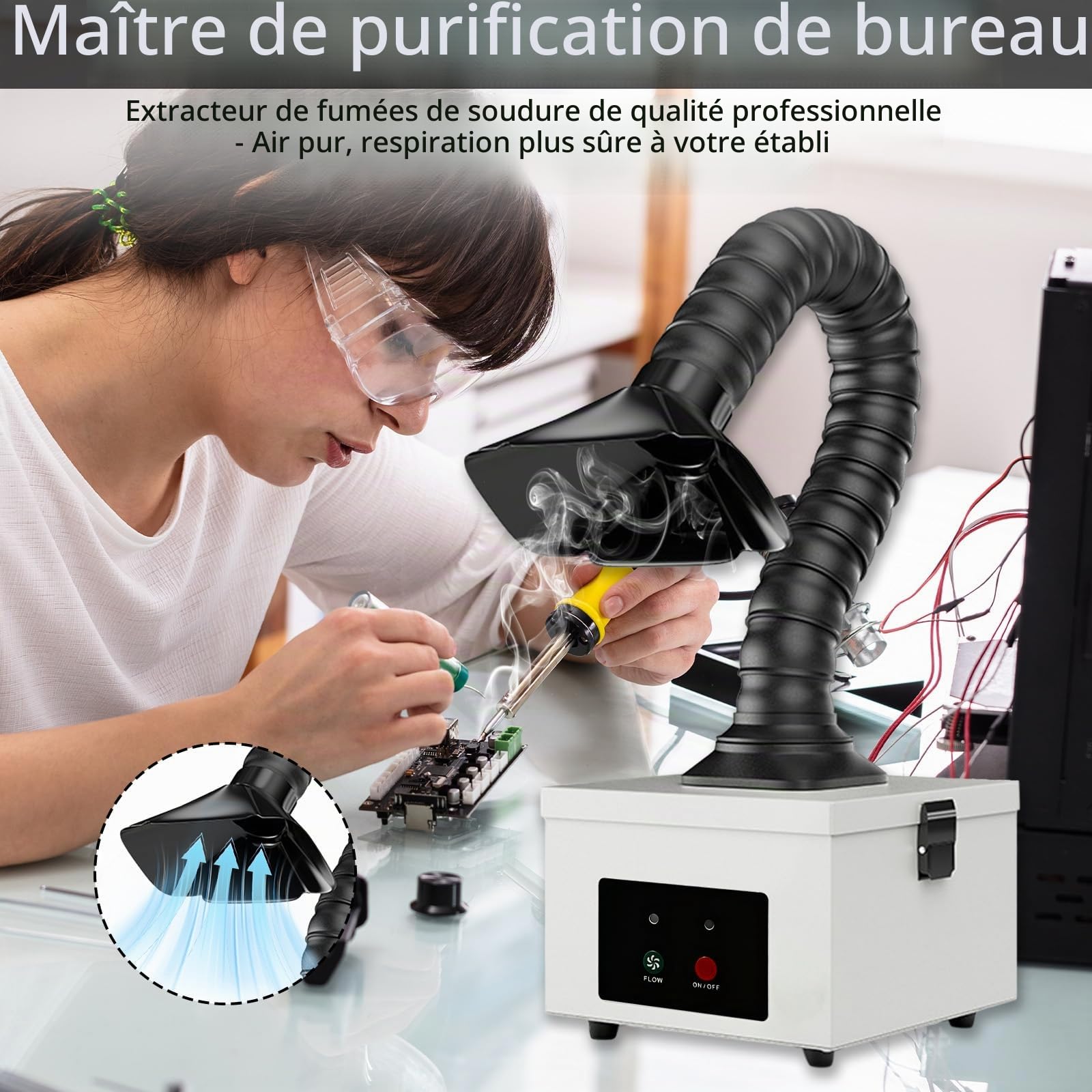 Aspirateur de fumée 45W avec filtre complexe 2-en-1, extracteur de fumée de bureau 207 m³/h, avec 4 pré-filtres, purificateur portable pour fumées de soudure, vapeurs laser et particules fines (Blanc)