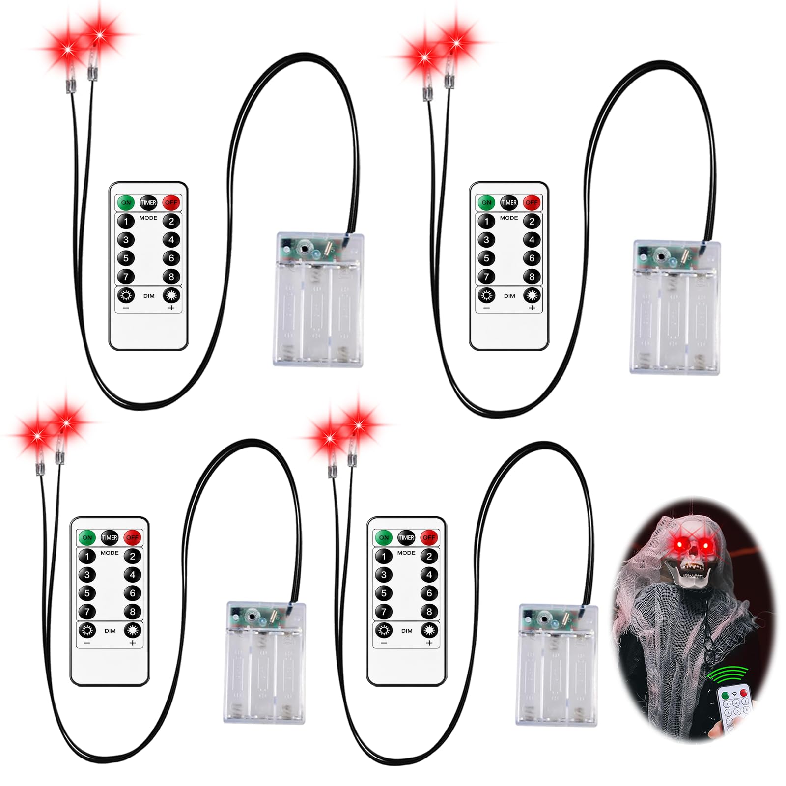 4 PCS Halloween LED Glowing Light Up Eyes for Masks,Skulls,Skeleton,Costume Cosplay Pumpkin,Tombstones,Timer & 8 Modes Halloween Horror Decoration LED Red Eyes for Indoor Outdoor(Battery Not Included)