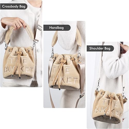 Miniatura 2 de JQAliMOVV Bolsas de cubo para mujer, mini bolsa de cubo de felpa suave, bolsas cruzadas con cordón, bolso Hobo
