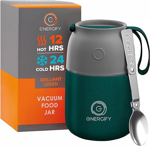 Energify Tarro de comida aislado al vacío. Termo de 17 onzas, incluye cuchara plegable, bolsa y taza. Bebidas calientes y frías, contenedor de Energify Tarro de comida aislado al vacío. Termo de 17 onzas, incluye cuchara plegable, bolsa y taza. Bebidas calientes y frías, contenedor de
