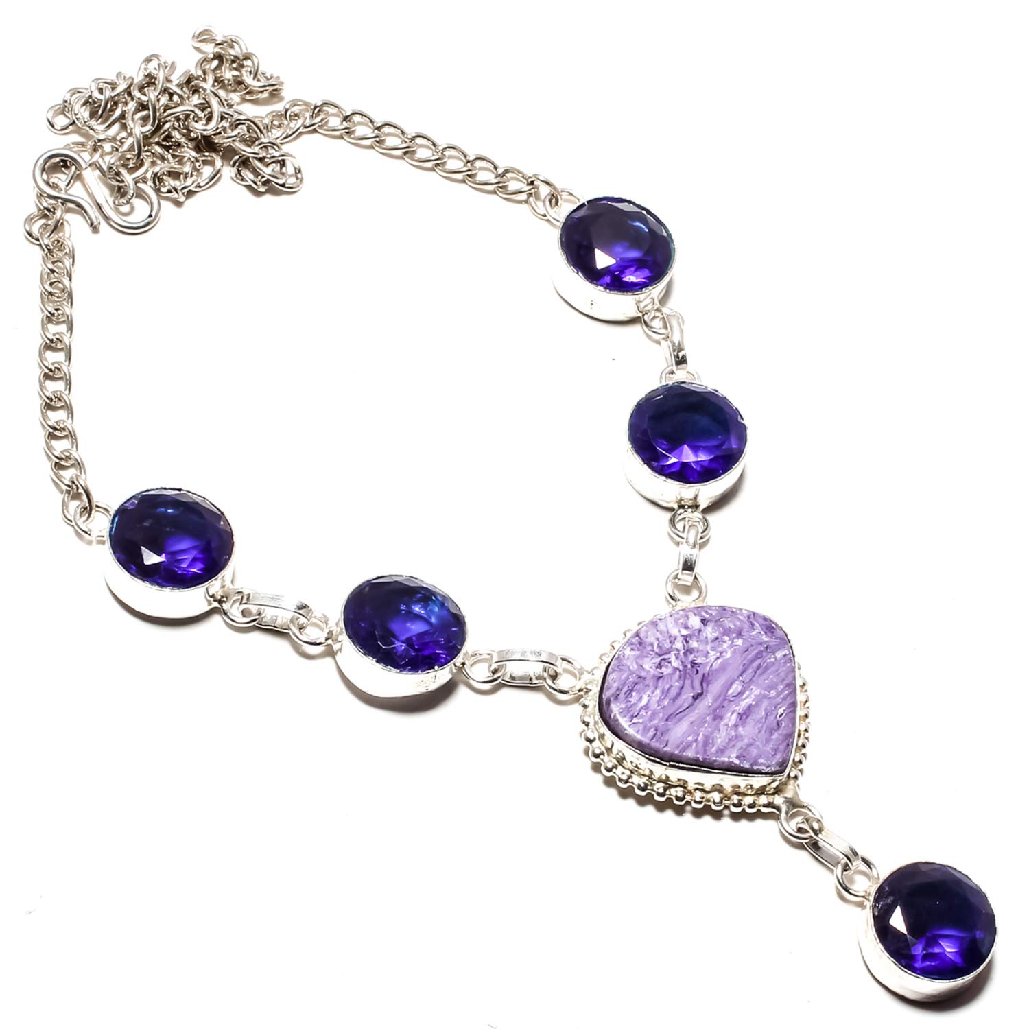 jewels paradise Charoite & Blue Sapphire Gemstone Necklace Handmade 925 Sterling Silver Plated Jewelry -Adjustable Link Chain Necklace - (SF-1444)
