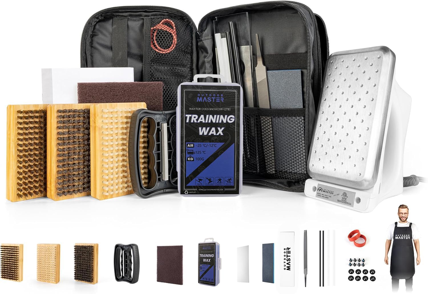 OutdoorMaster Kit de afinación y encerado para esquí y snowboard con plancha de cera, cera universal, afinador de bordes, cepillo, raspador de cera, Ptex, tornillo de fijación, banda de goma (negro, - 2