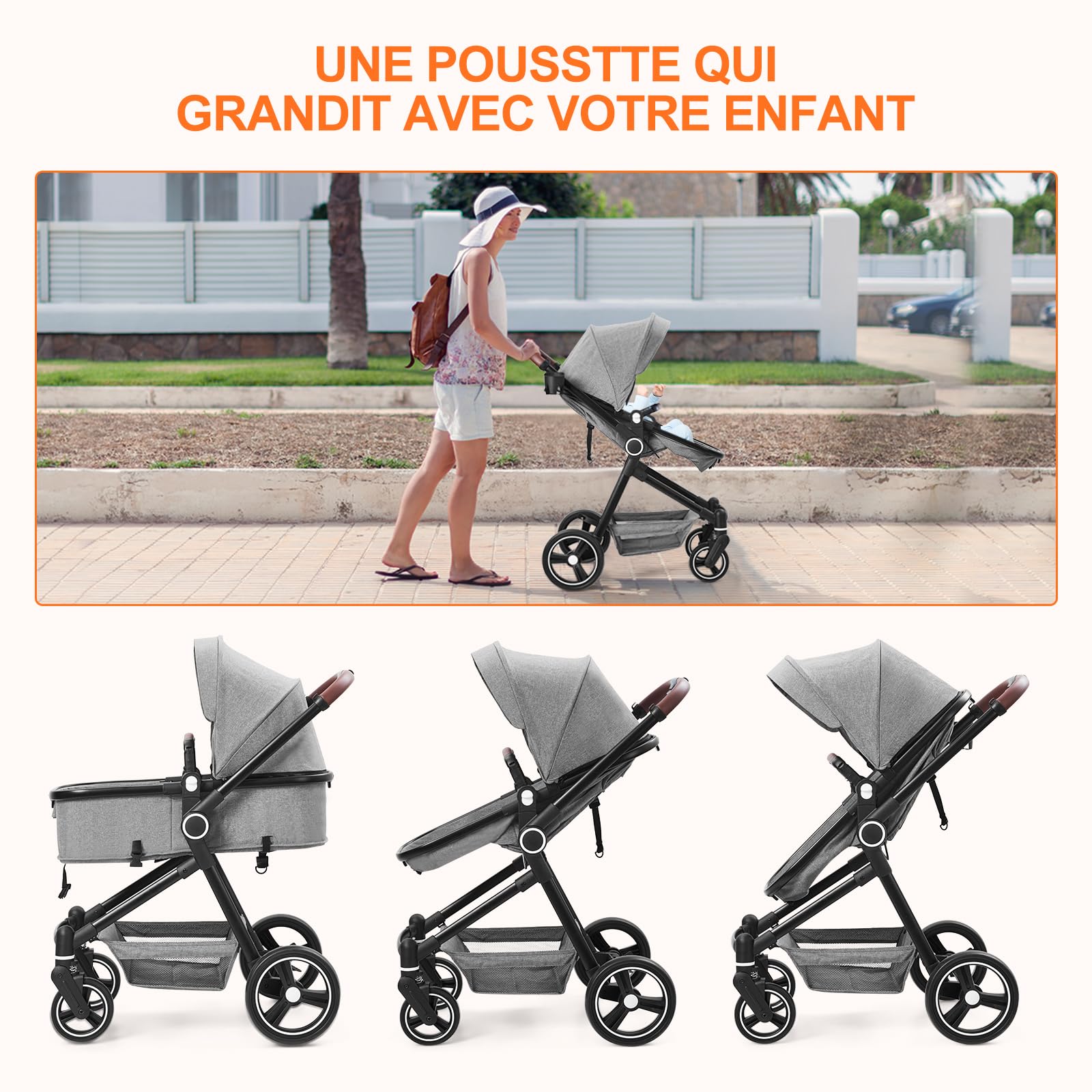 Poussette 2 En 1, Poussette Combinée Compacte Légère Pliable Avec Siège Inclinable, Landau Réglable, Poussette Bébé Confort Tout Terrain Haut Paysage, 0-3 Ans