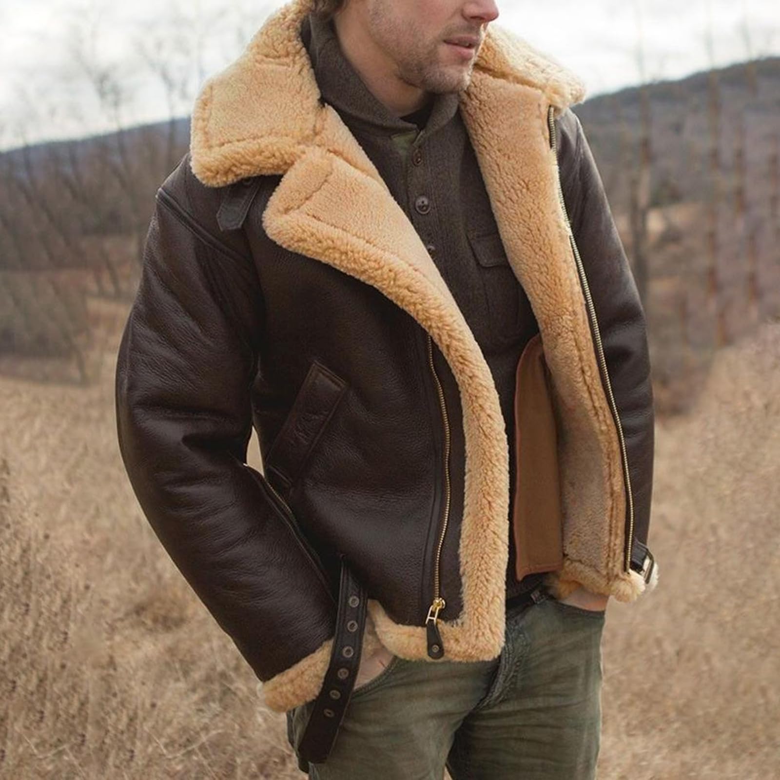 Generisch Winterjacke Herren Fleecejacke ÜBergangsjacke Winter Lederjacke Blouson Jacke WäRme Fleece GefüTterte Jacken Stehkragen Winterparka Outdoorjacke Winddicht Mit Taschen ReißVerschluss