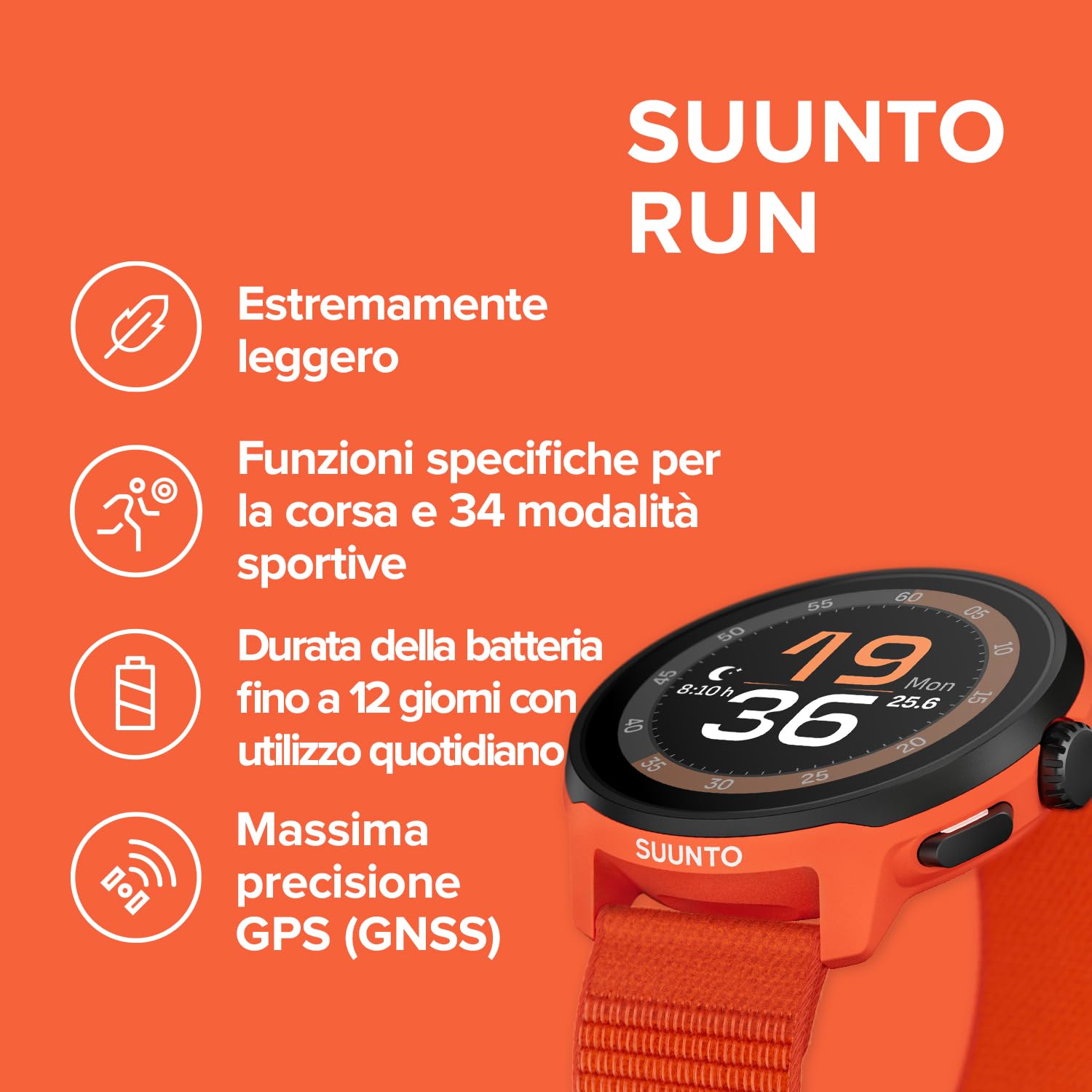 SUUNTO RUN Orologio Sportivo da Corsa, 1,32" AMOLED Touchscreen, Tracker Attività, Smartwatch per Running, GPS Dual Band, Monitoraggio della Frequenza Cardiaca/Sonno, 12 Giorni di Autonomia, Musica