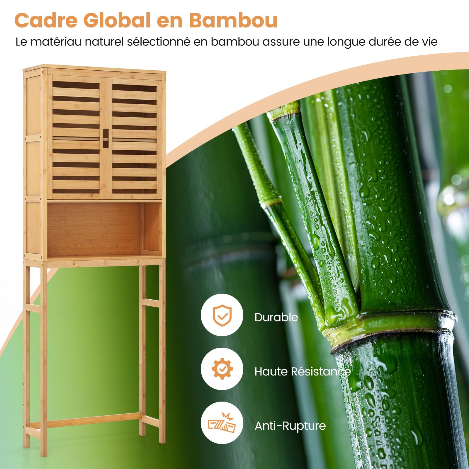 Meuble Rangement Toilette Bambou COSTWAY - 2 Portes, étagère Ouverte, Gain De Place