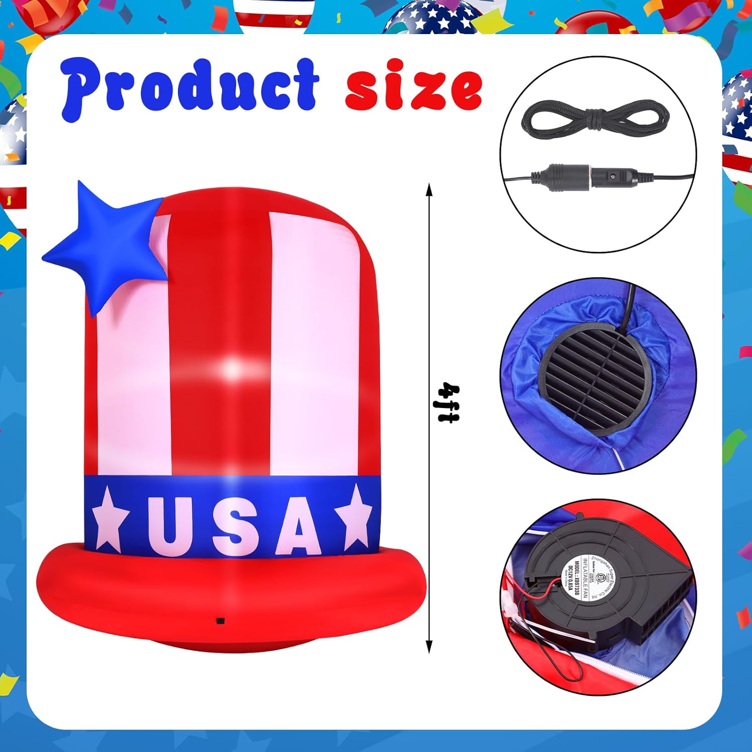 Gejoy 4ft 250th Anniversary Inflatables Hat with Lighted 4th of July Parade Golf Cart Decoration Patriotic Independence Day Spangled and Star Hat Top Blow up Car Roof Decor Outdoor Garden Yard(USA)