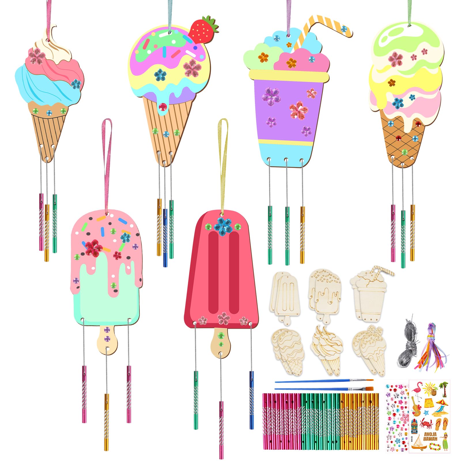 12 Pack Wind Chime Kits for Kids,DIY Paint Wooden Wind Chimes Set for Girls Boys,Ice Cream Wooden Art and Craft for Garden Indoor Outdoor Summer Party Decoration