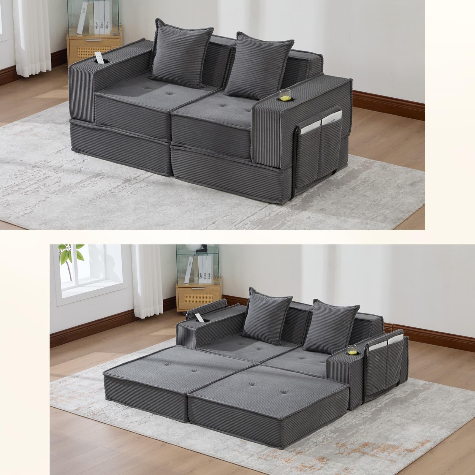 Canape 2 Places en Velours Côtelé,Canapé Lit Convertible Multifonctionnel,Design Modulable et Pliant,2 Coussins,pour Salon,Chambre,Bureau (Gris foncé-A)
