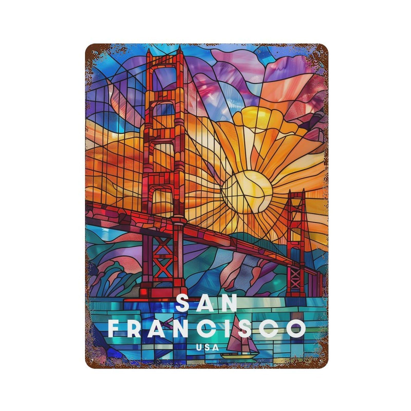 Weathered Tin Sign with San Francisco Design 15.7"x11.8", for Shed, Workshop And Garage Wall Decor, Decorative Metal Wall Art