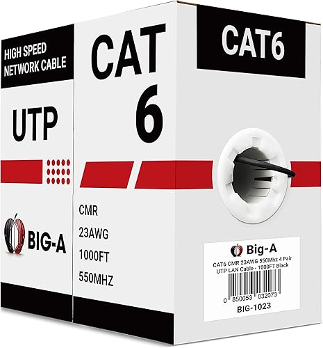 Big-A - Cable Cat6 a granel de 1000 pies, 23 AWG, sólido, 4 pares, cable Ethernet Cat 6 sin blindaje (UTP), cable de Internet de 550 MHz, caja de