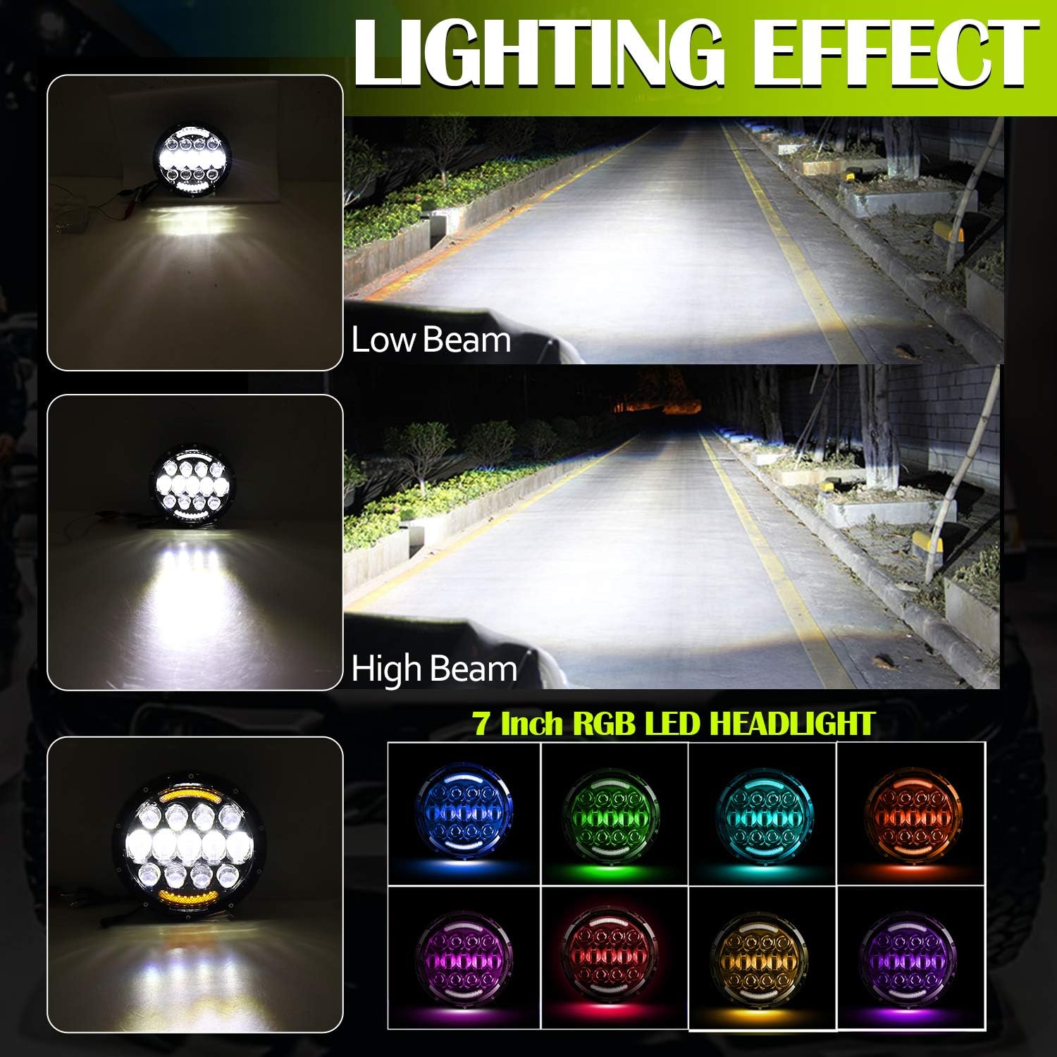 Aaiwa 7" LED Headlights for Wrangler, 7 inch Round LED RGB Headlight 8000LM with DRL Amber Turn Signal Bluetooth Controll Compatible with Wrangler 1997-2017 TJ LJ JK JKU Unlimited Rubicon Sahara