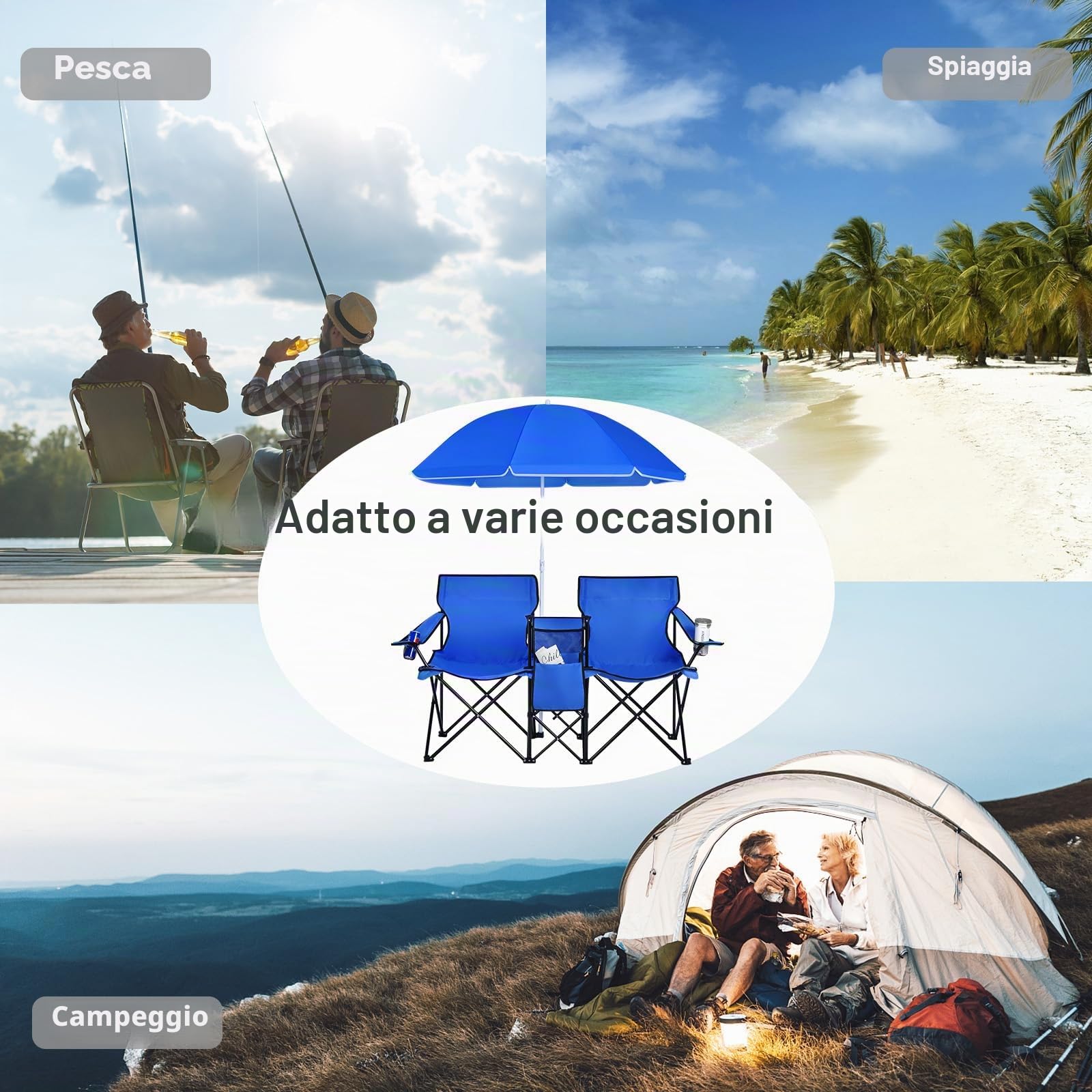 KOMFOTTEU Sedia Pieghevole da Campeggio Doppia, 2 Sedie da Esterno con Tettuccio Parasole Regolabile, Borsa Frigo e Portabevande (Blu)