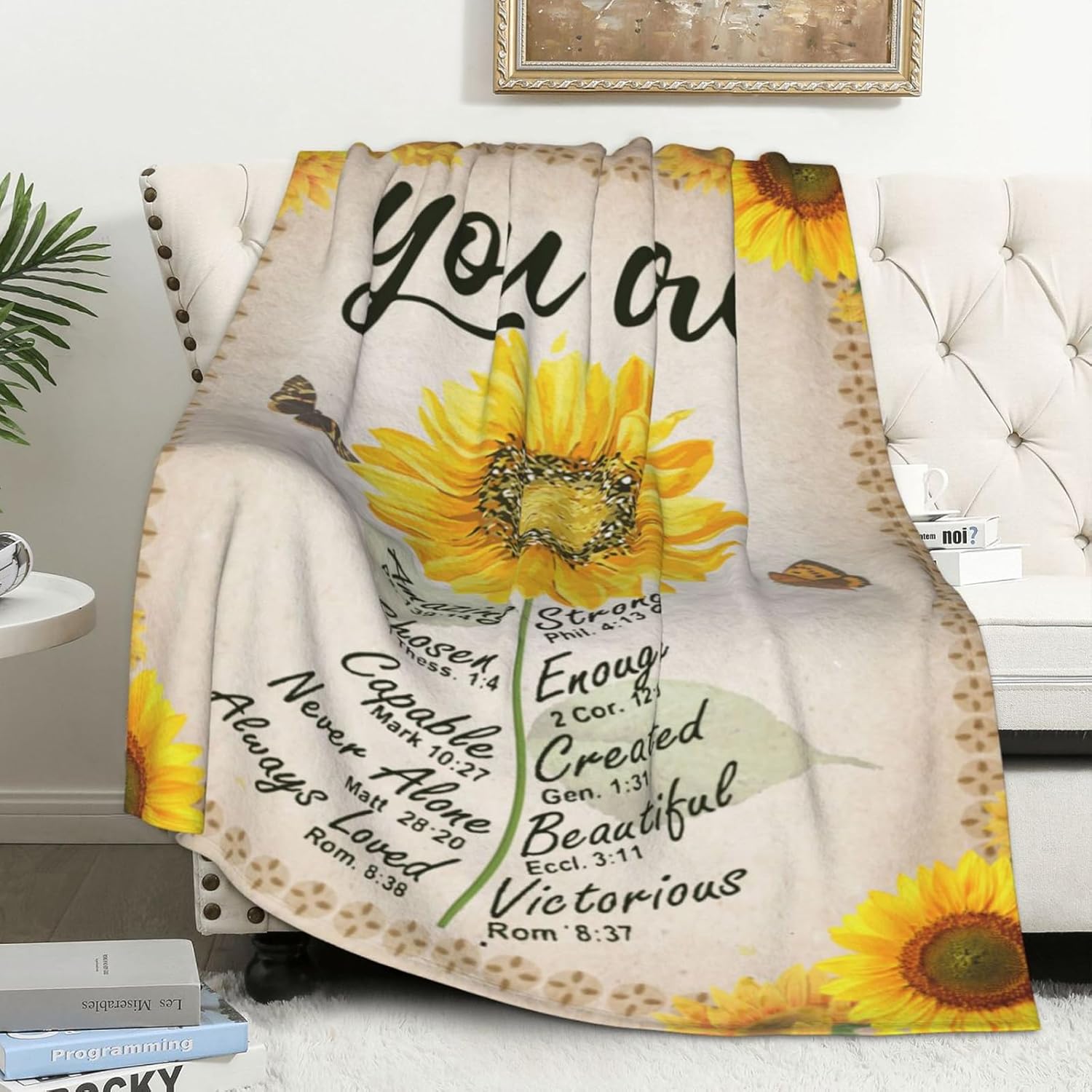 Christian Blanket Birthday Gifts for Women Men, Inspirational Scripture Throw Blanket with Bible Verse Religious Gifts (Yellow, 50x60 inch, Sunflower Letter)