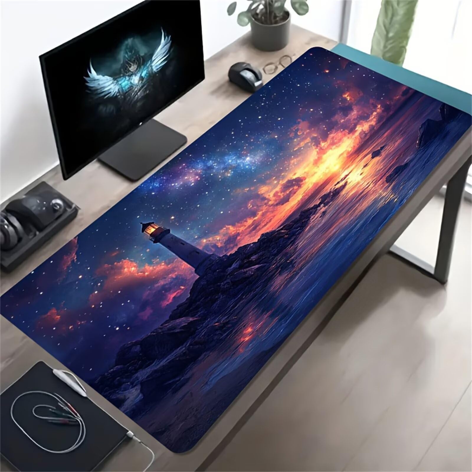 Tappetino Mouse Gaming XXL 1200x600x3 mm, Tappetino da Scrivania Grande, con Bordi Cuciti Rinforzati, Base in Gomma Antiscivolo, Tappetino per Tastiera Lavabile per PC e Laptop, Faro Notte Stellata