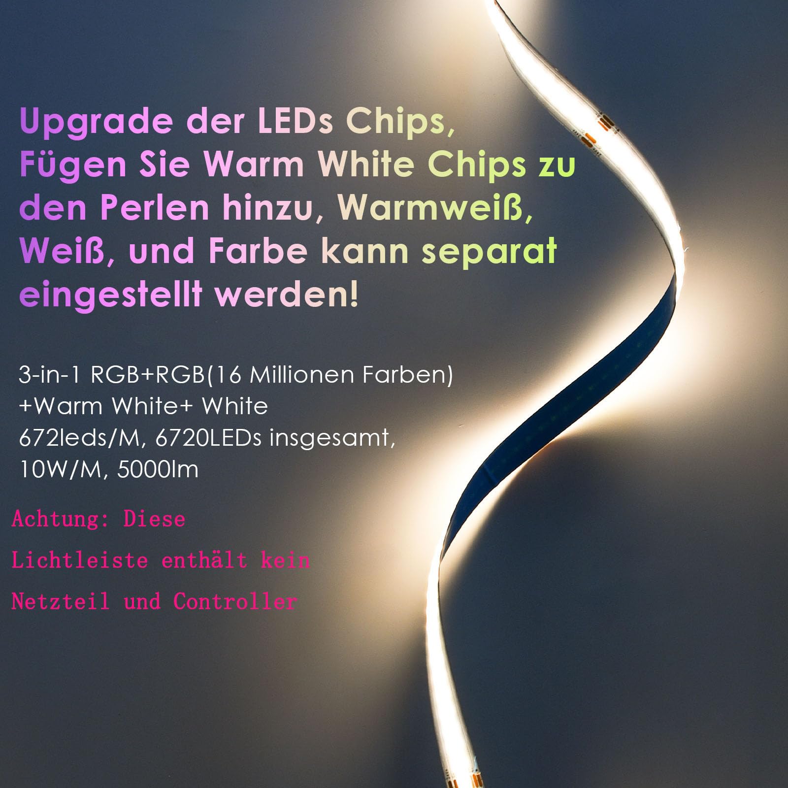 10M Wifi 24V COB Striscia LED RGB+Bianco caldo Senza alimentazione elettrica, 672LEDs/m Striscia LED dimmerabile Multicolore Senza alimentazione elettrica LED Nastro Striscia Luminosa LED COB Strip