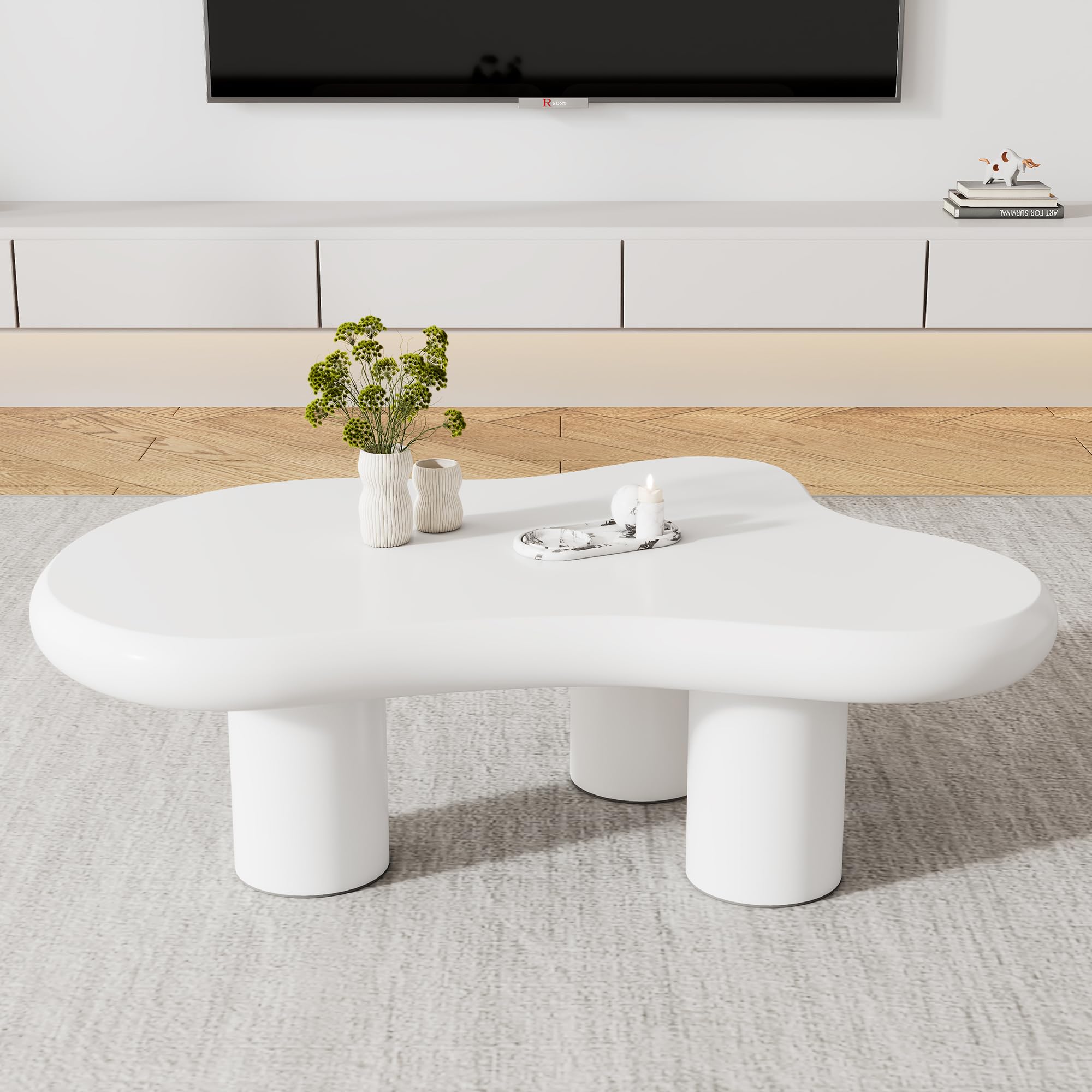 BTM Table Basse Irrégulière en Forme De Nuage, 97cm Longueur, 67cm Largeur, 32cm Hauteur, MDF avec Protège-Sols en Tissu, Surface Laquée, Table Créative