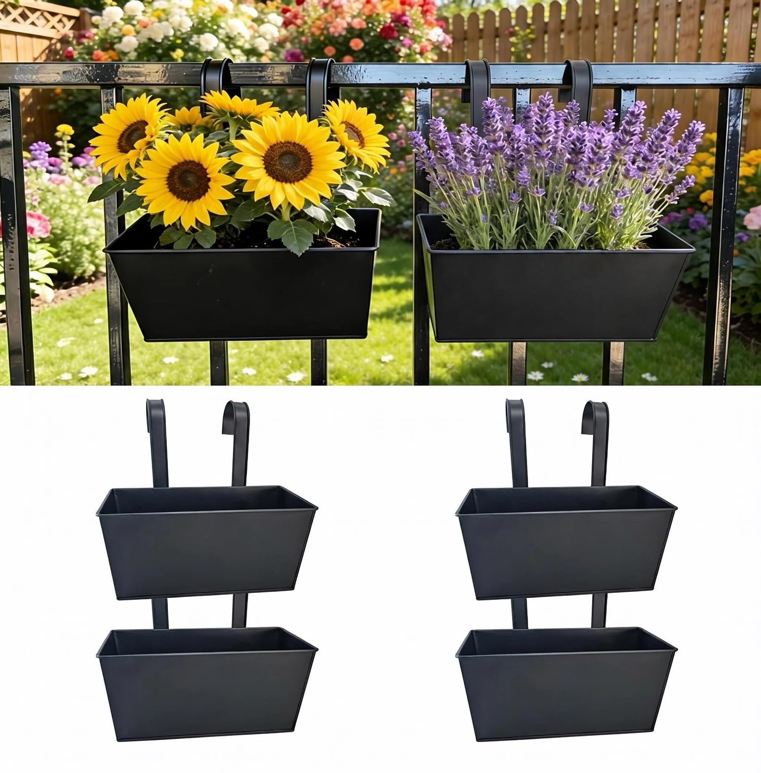 4 pièces de pots métalliques suspendus de 11 pouces avec crochets détachables, boîtes à fleurs pour fenêtres avec garde-corps noir, pots rustiques à accrocher au mur pour clôture extérieure, patio, ba