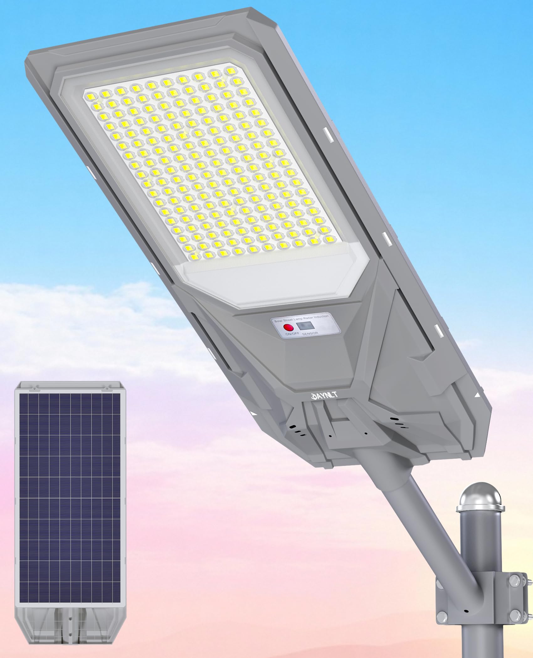 JAYNLT X-10000W Lampione Solare LED Esterno con Sensore Movimento, 6500K Faro led Esterno con Pannello Solare, IP67 Impermeabile lampioni Solari per Cortile Garage Giardino Strada