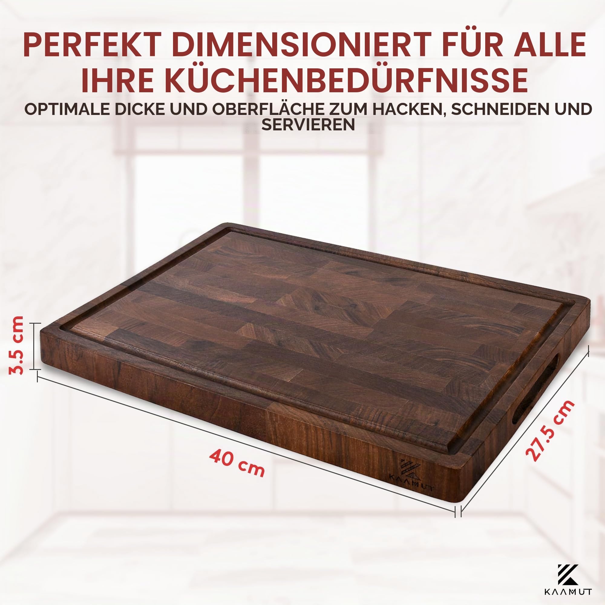 Schneidebrett aus Nordamerikanischem Schwarznuss-Holz – Massives Hirnholz – 40×27,5×3,5 cm – Extra Dick & Langlebig – Saftrille, Griffe & rutschfeste Füße – Inklusive Premium Holzpflegewachs