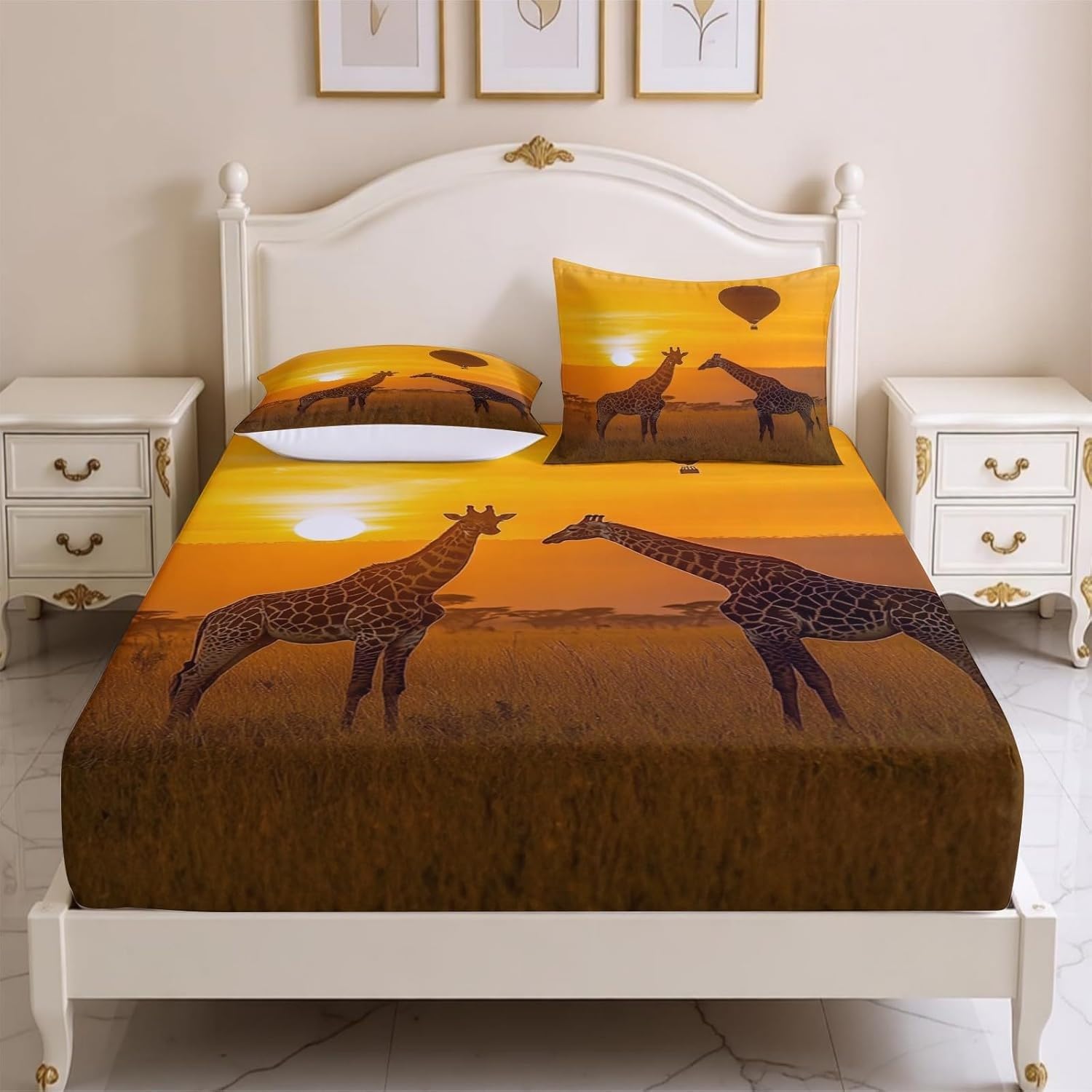 Giraffe Fitted Sheet Prairie Sunset Bed Sheets Deep Pocket 12 inch (30 cm) Soft Cozy 3 Piece Microfibre Bed Sheet 200x200 cm with 2 Pillowcases 50x75 cm