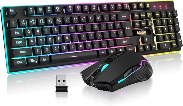 RedThunder K10 Ensemble Clavier et Souris de Jeu Sans Fil, Rétroéclairage RGB Batterie Rechargeable 3800mAh, Clavier Anti-ghosting + Souris 7D 3200DPI pour Joueur PC (Noir)