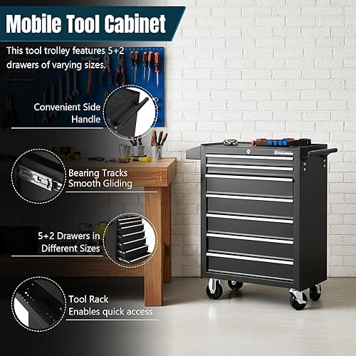 Miniatura 8 de Caja de herramientas rodante, organizador de herramientas eléctricas con 7 cajones, armario de almacenamiento de herramientas con ruedas